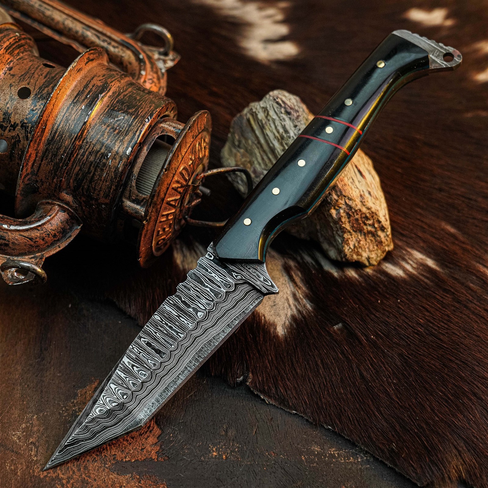 9.0″ Damascus Hunting Knife Full Tang Wood Handle Fix Blade + Sheath