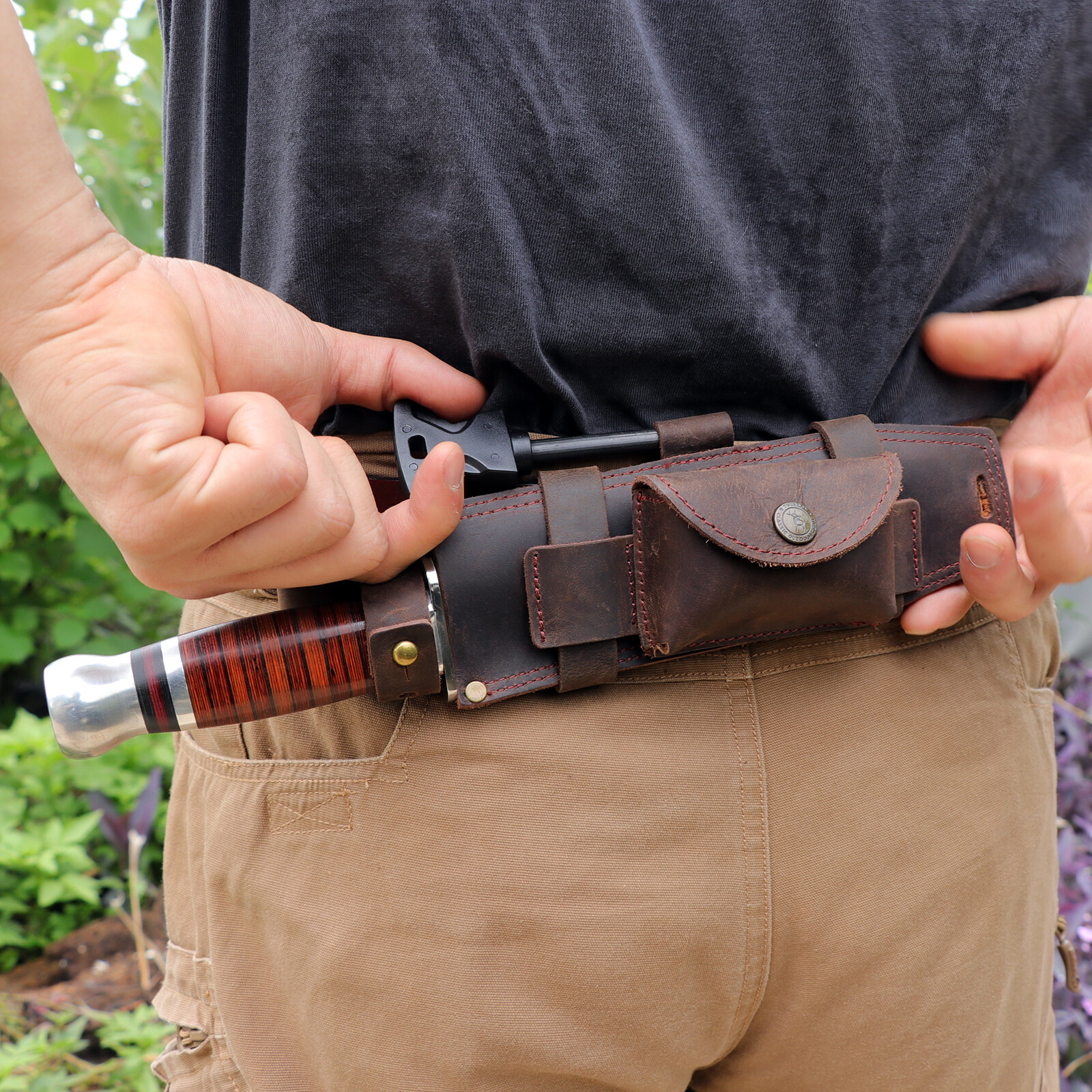 TOURBON Survival Leather Tracker Knife Sheath Horizontal Belt Holster with Pouch