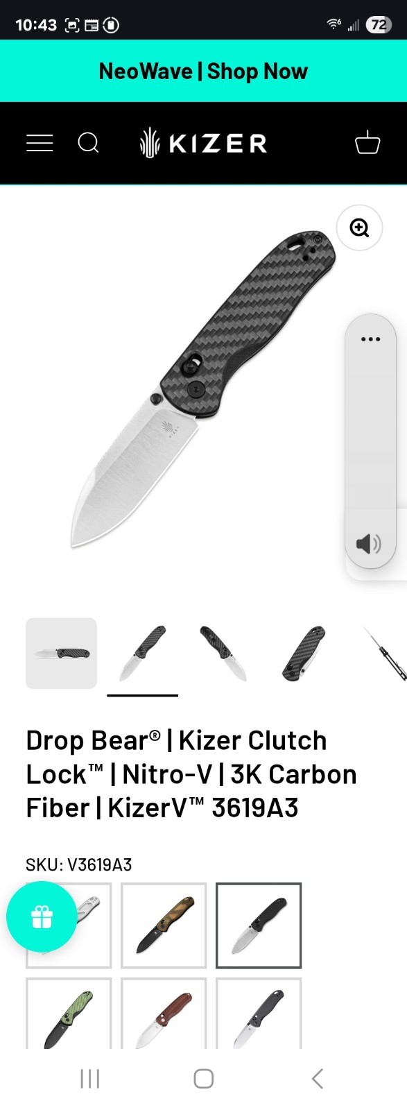 Kizer Drop Bear V3619A3 Pocketknife Nitro-V Drop Point Plain Clutch Lock CF