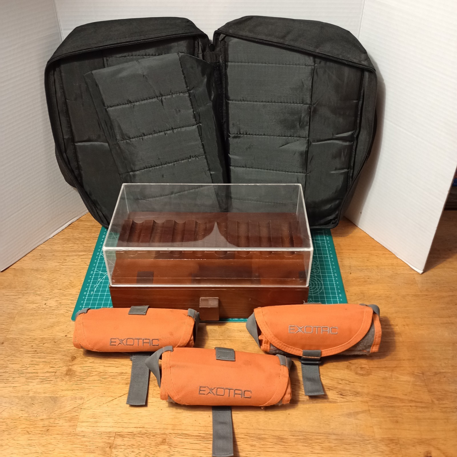 Lot: 3 Exotac Knife Rolls, Echaprey Wood Display Case & 18 Pocket Knife Case.