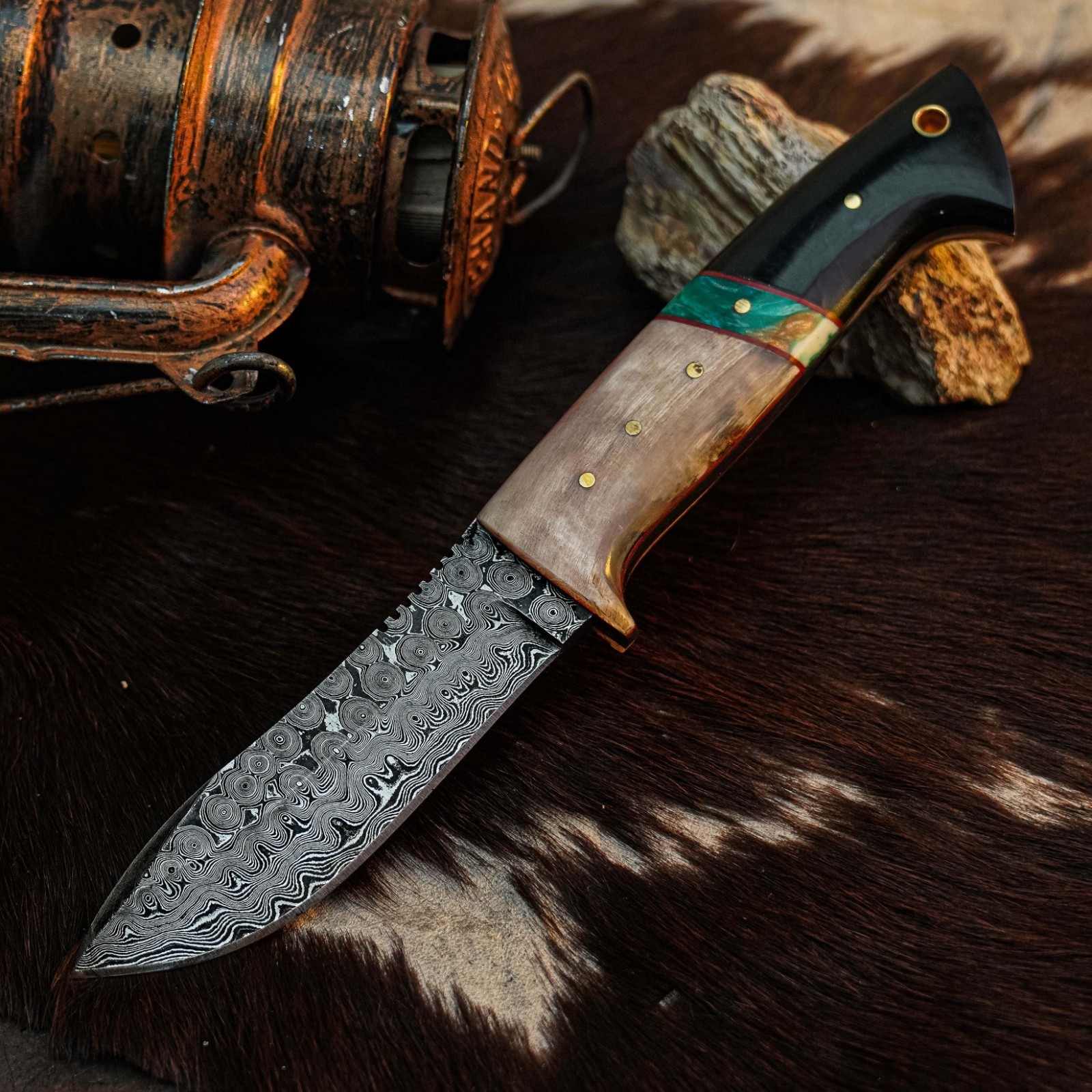 8.7″ Clip Point Knife Damascus Hunting EDC Full Tang Blade Hybrid Handle