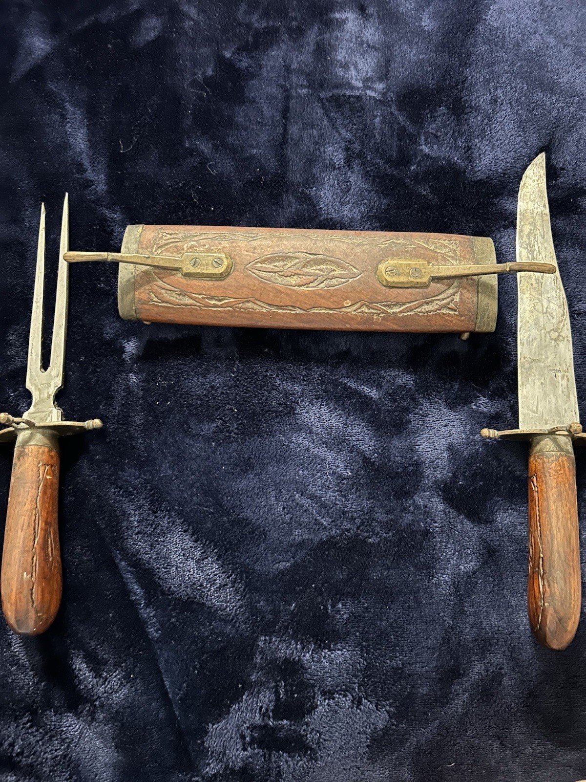 Antique Vintage Brass & Hand Carved Wood Sheath Carving Knife and Fork Set India