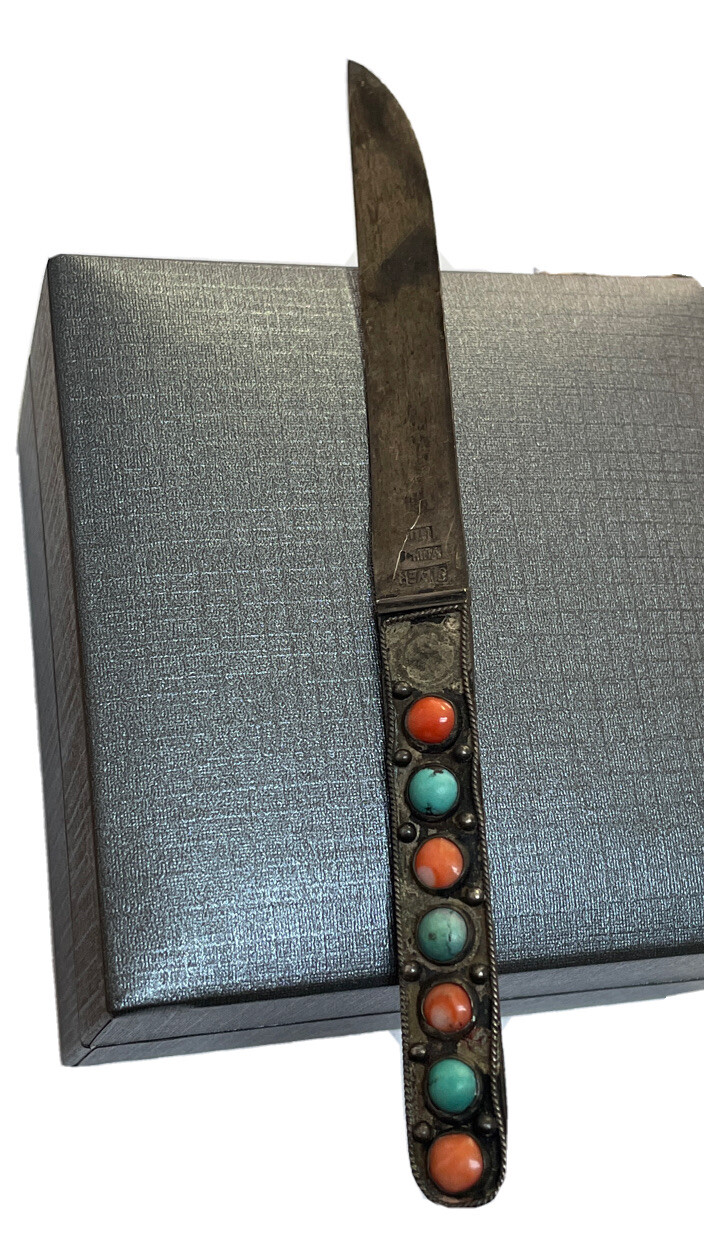 CHINA EXPORT LiU ANTIQUE TIBET SILVER CORAL TURQUOISE FIXED SINGLE BLADE KNIFE