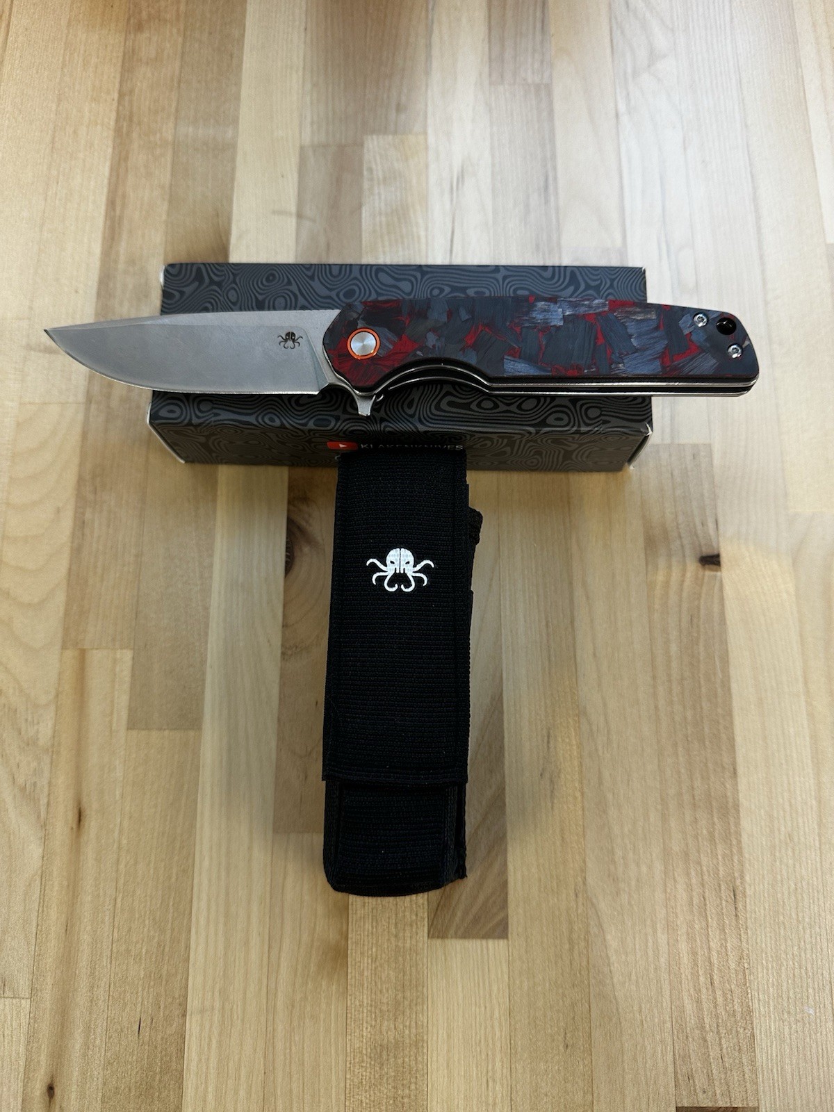 KLAKEN J354-WARPATH, D2 Stonewashed Blade With Red Carbon + G10 Handle EDC