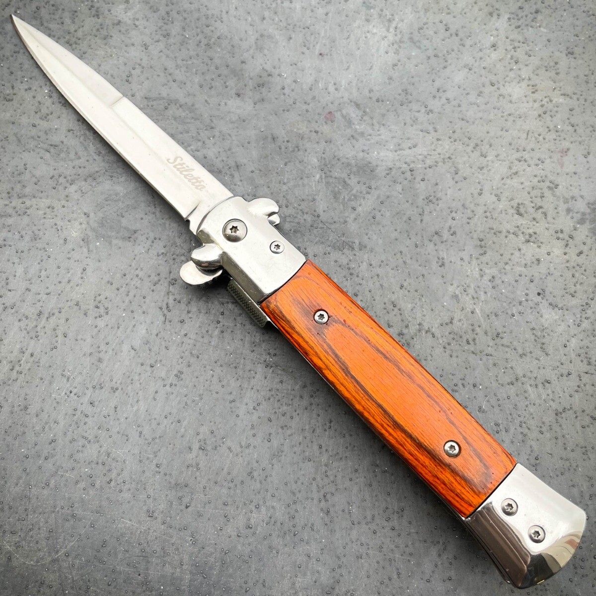 9″ Brown Italian Style Stiletto Folding Spring Assisted Open Pocket Knife