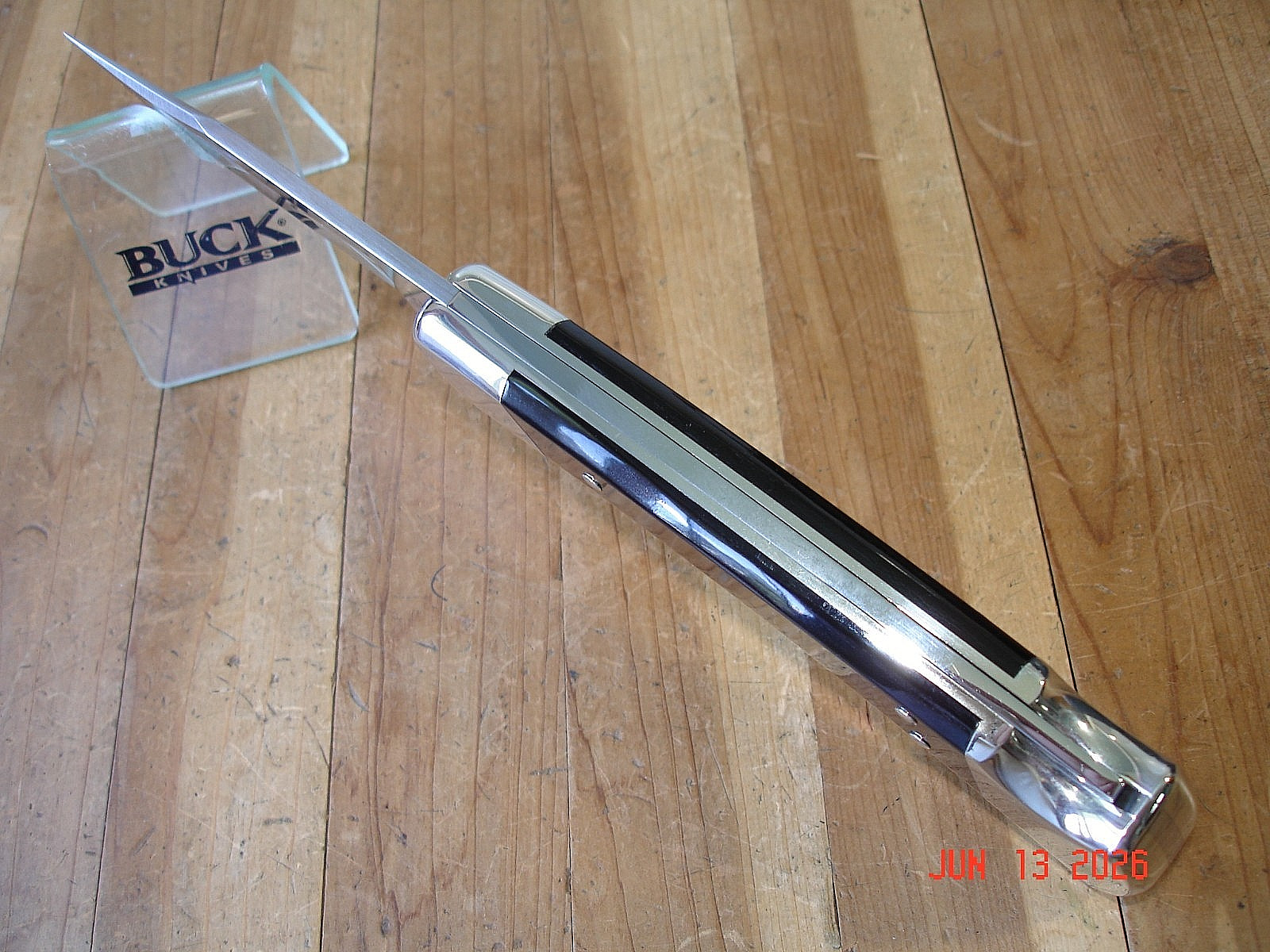 NIB BUCK KNIFE 110 HUNTER BOS MAGNACUT BLADE BLACK BUFFALO HANDLE NICKEL SILVER