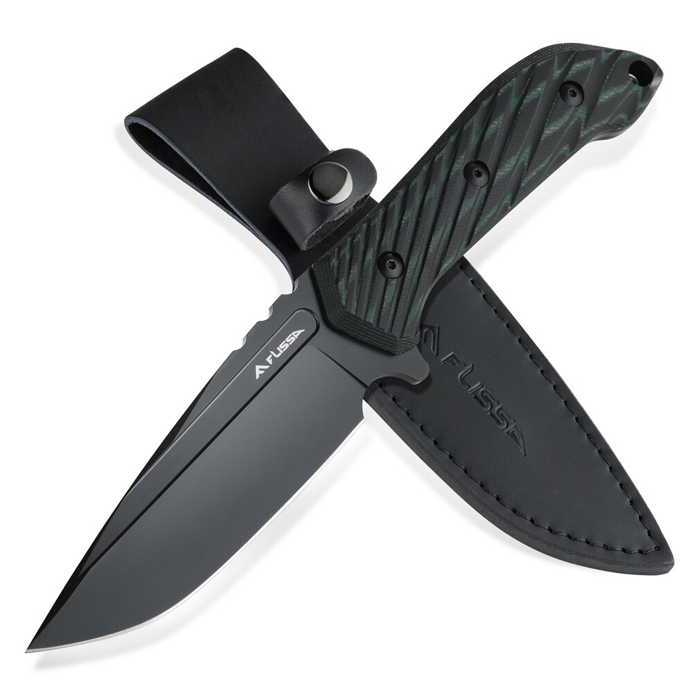FLISSA 10″ Full Tang Hunting Knife withLeather Sheath Fixed Blade D2 Steel Knife