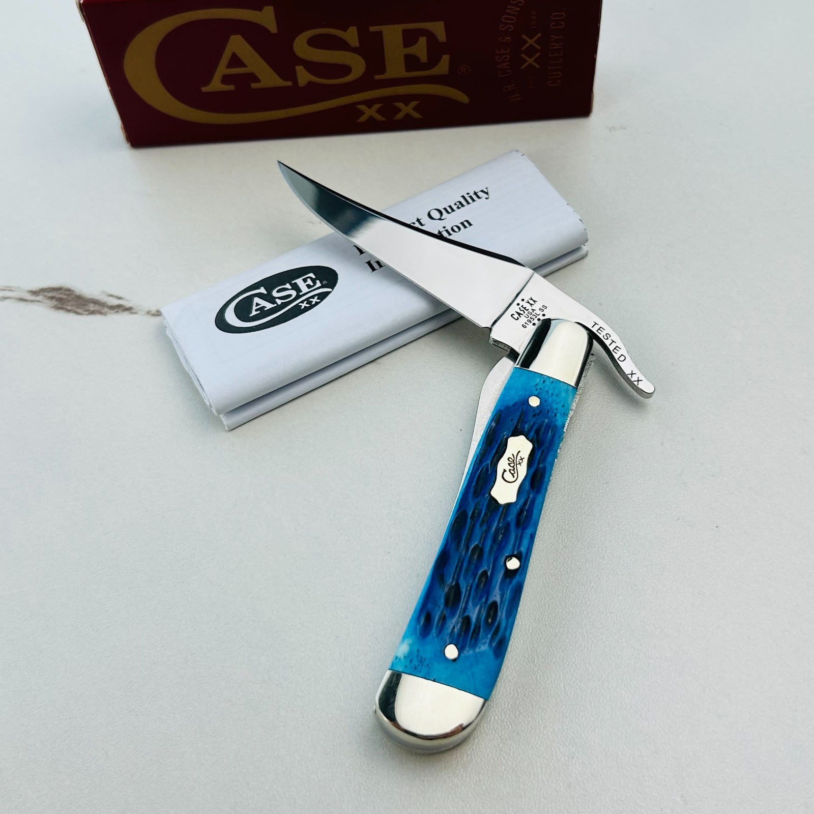 Case XX Knife 51859 Pocket Worn Mediterranean Blue Bone Russlock Pocket Knife
