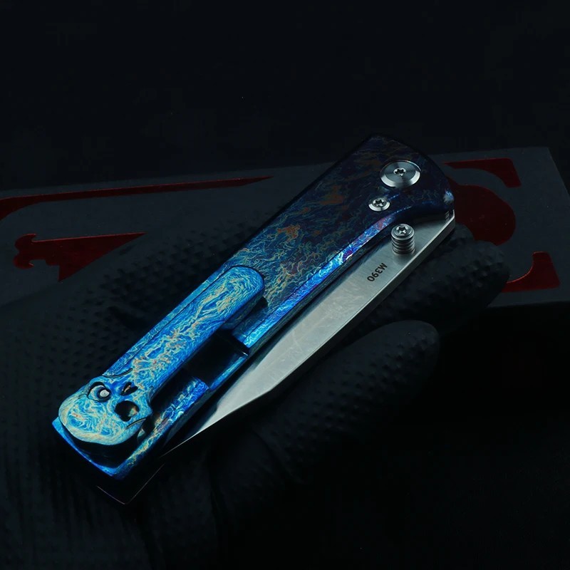New TC4 Titanium Custom Anodized Blue Flame Pattern Handle Folding Pocket Knife