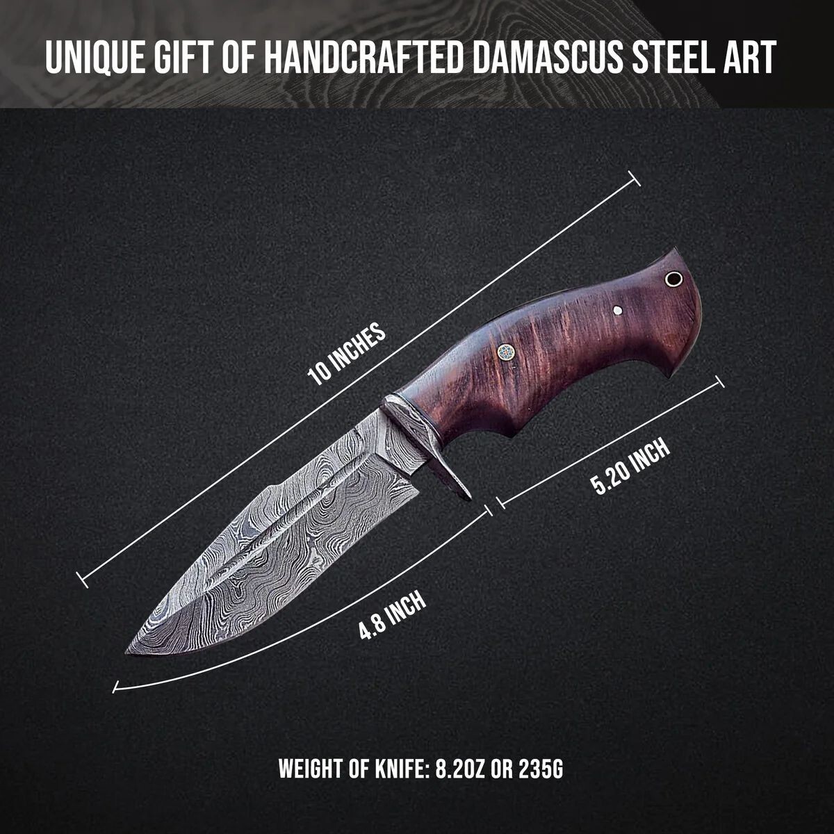 Custom Handmade Damascus Steel Bowie Hunting Knife Rose Wood Handle W/ Sheath