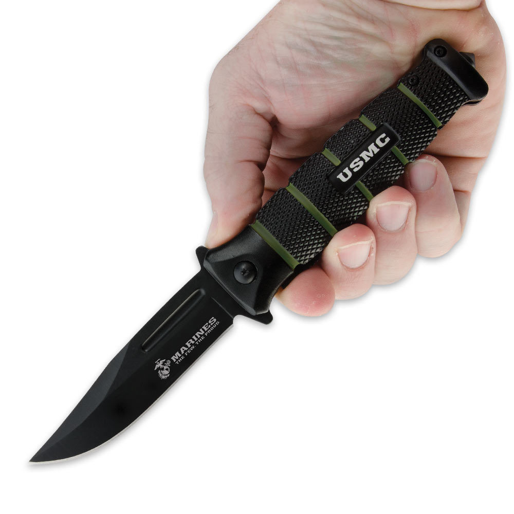 8.5″ USMC Marines Spring Assisted Opening Tactical Rescue Black Pocket Knife