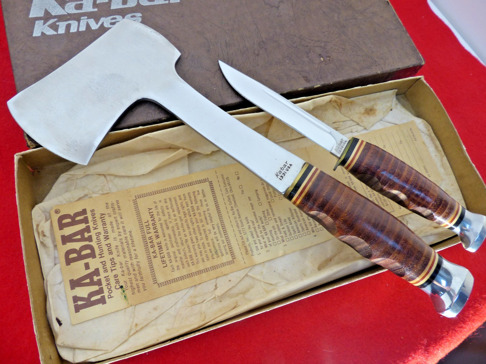 Vintage Kabar Ka-Bar leather hatchet axe ax & knife mint/box set FREE SHIPPING