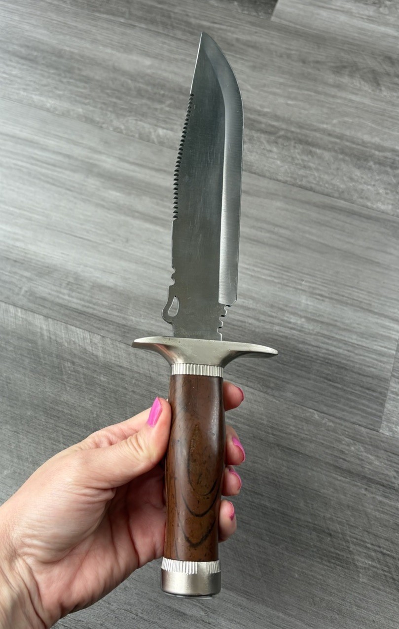 Vtg Survival Hunting Knife Stainless Steel Serrated Fixed Blade Compass Wood