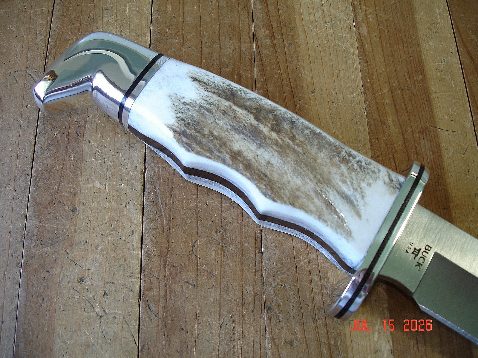 NIB BUCK KNIFE 119 CKS SPECIAL BOS MAGNACUT BLADE ELK ANTLER HANDLE BROWN SHEATH