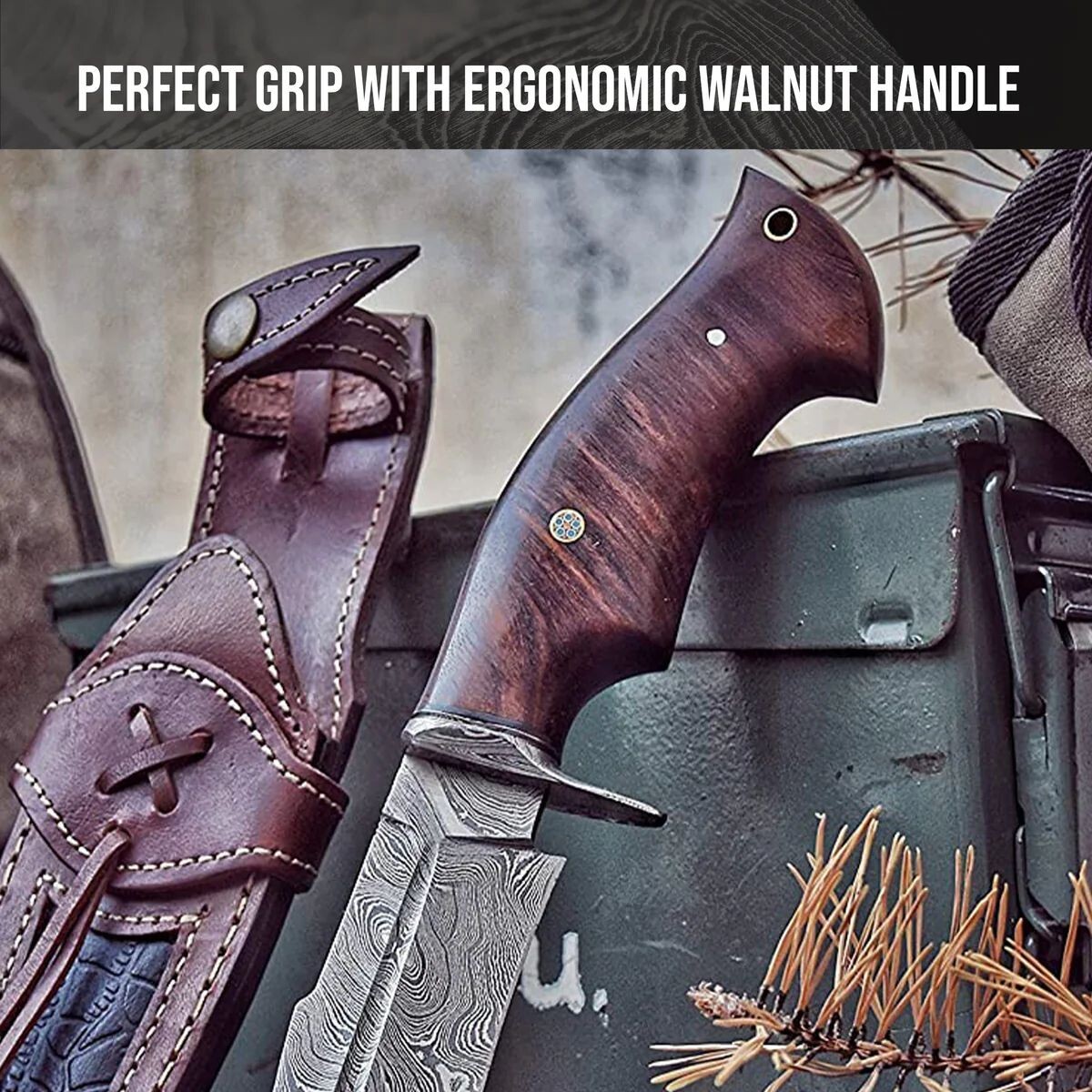 Custom Handmade Damascus Steel Bowie Hunting Knife Rose Wood Handle W/ Sheath