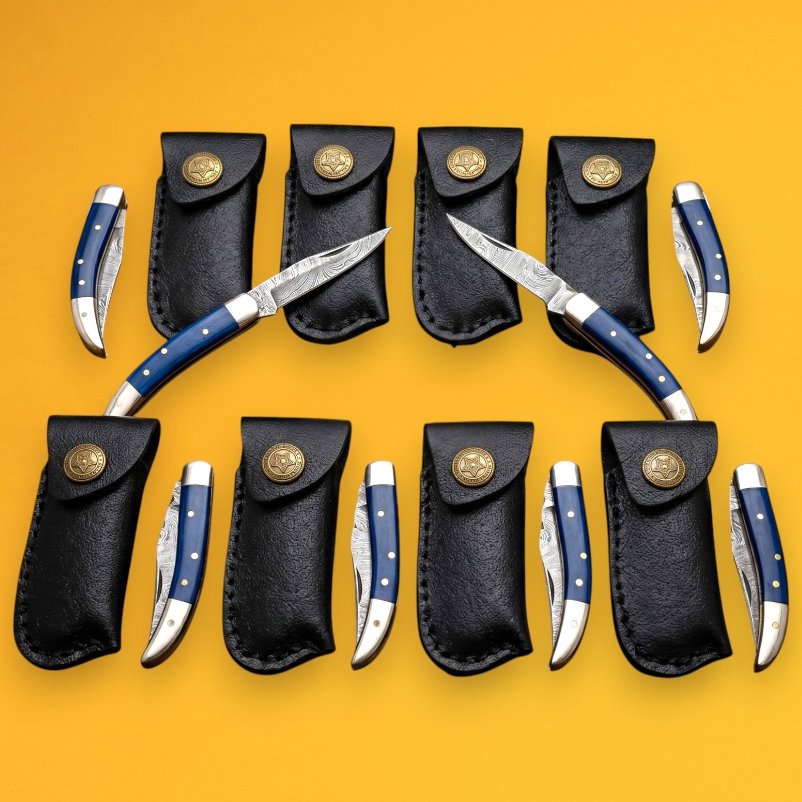 Damascus Pocket Knife Lot of 8 Blue Bone Handle Folding Knives w/Leather Sheath
