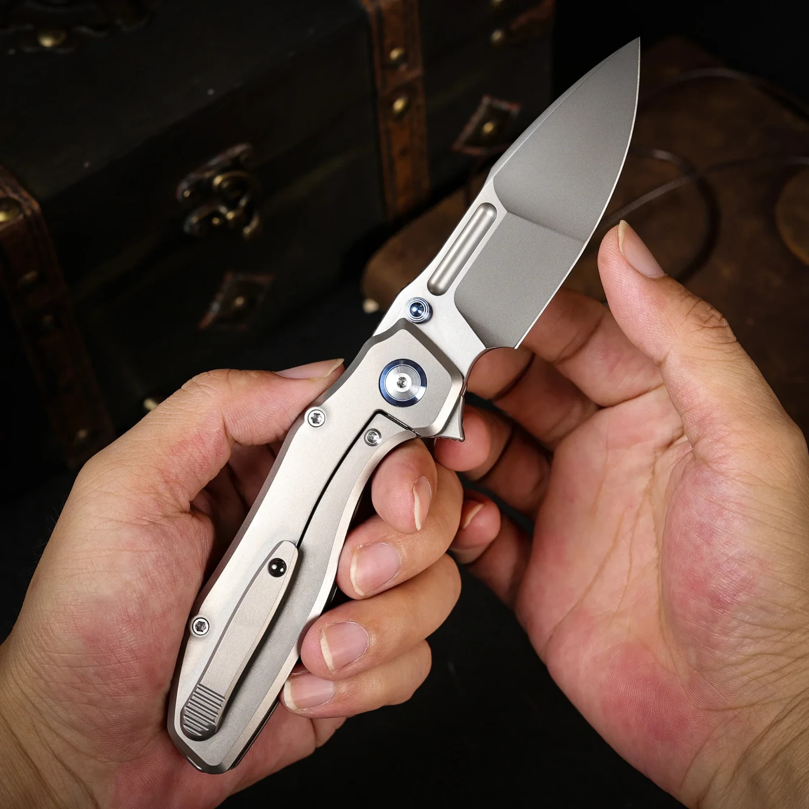 REMETTE TwoFace Folding Knife 3″ Bohler M390 Steel Blade Gray Titanium Handle