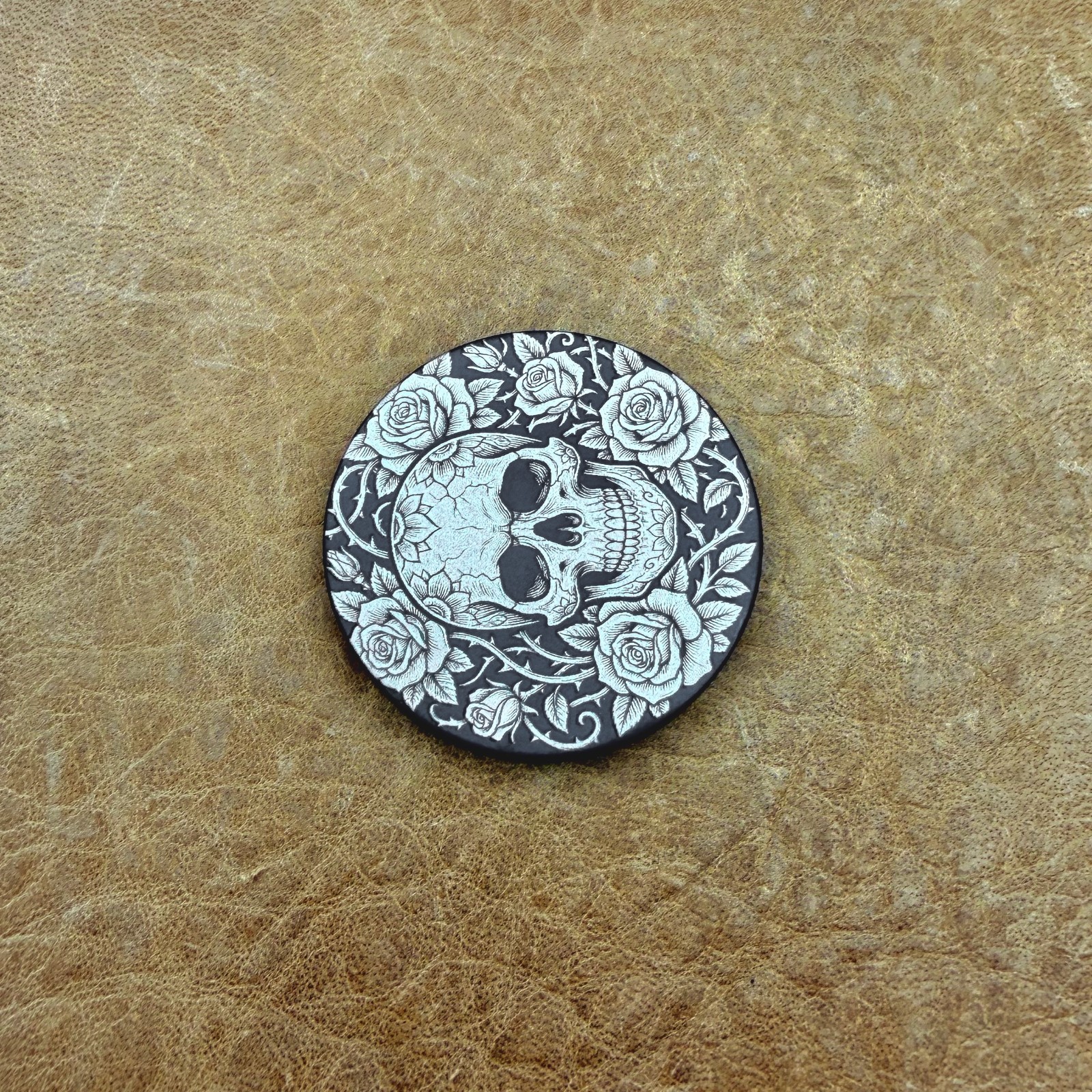 1.5 inch custom Titanium coin in Skull and Roses pattern ~ .15 inches thick