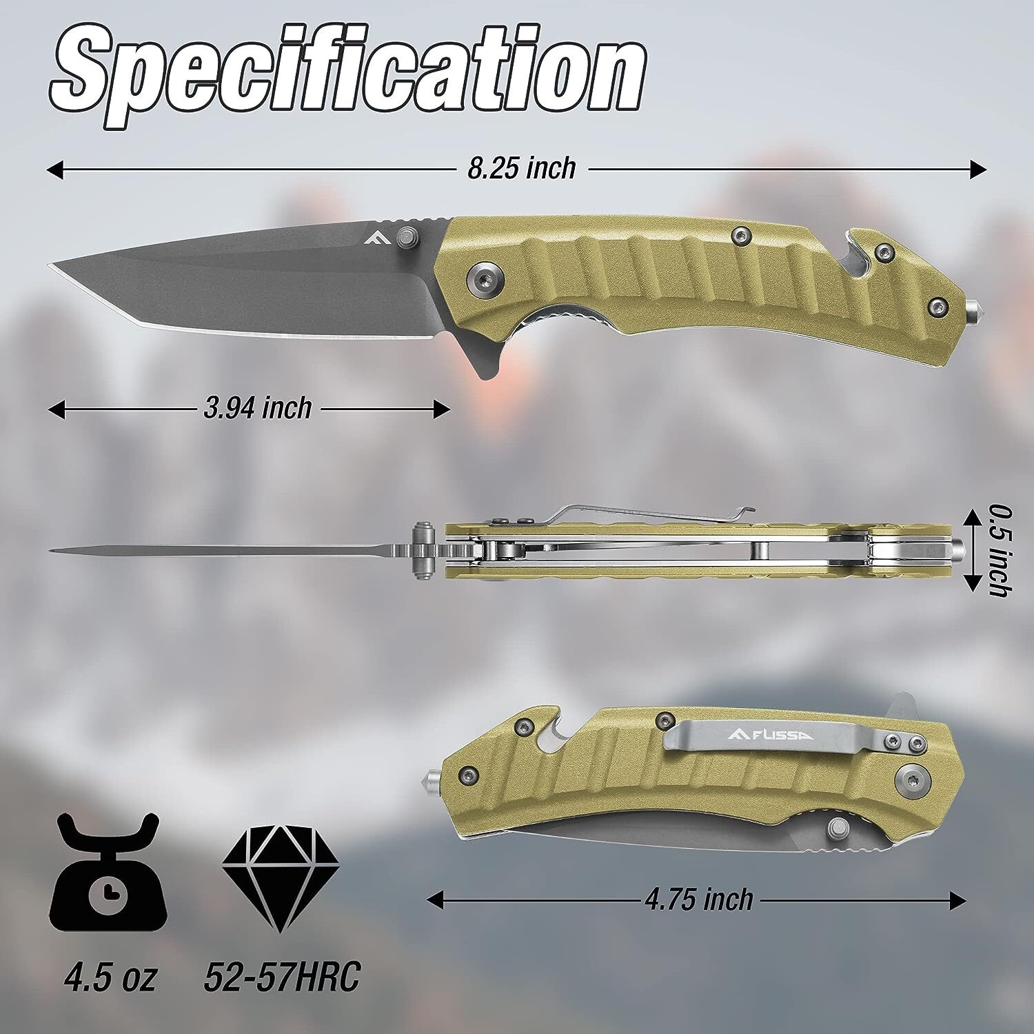 FLISSA Folding Pocket Knife Tactical Knife Tanto Blade w/Liner Lock Pocket Clip