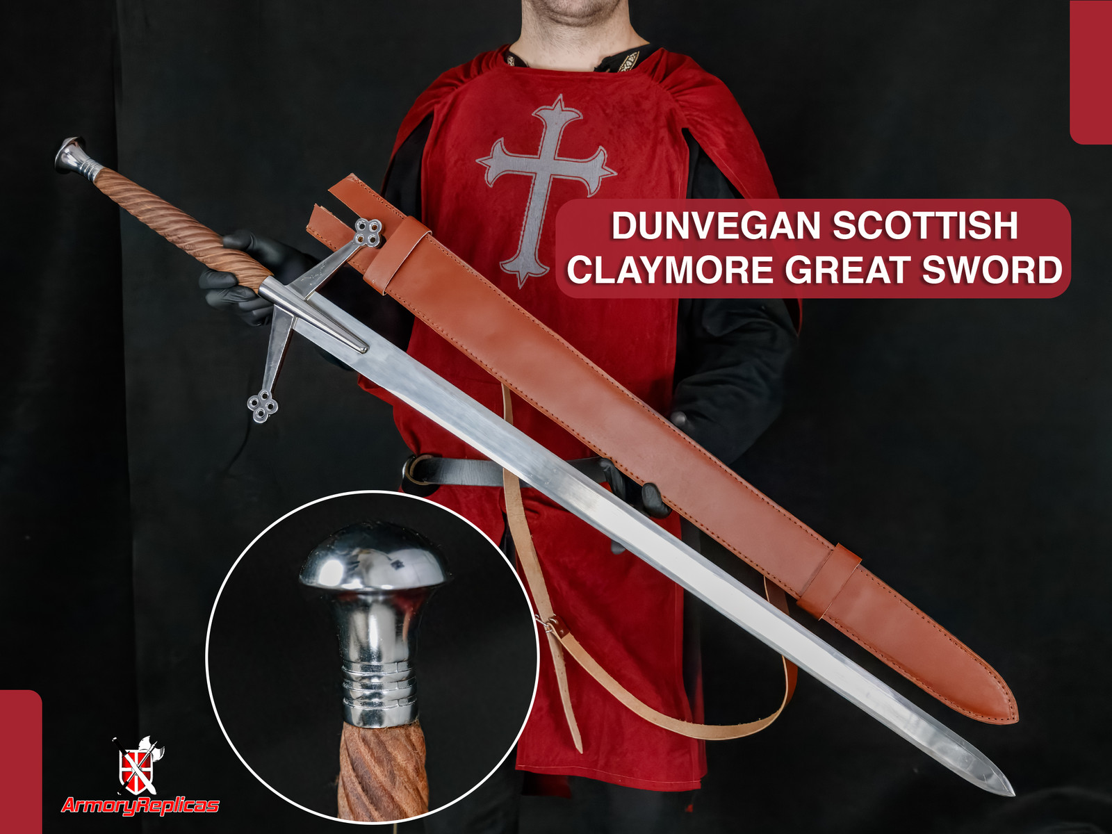 Clan Douglas Classic Scottish Claymore 50.75 Inch Longsword with Leather Sheath