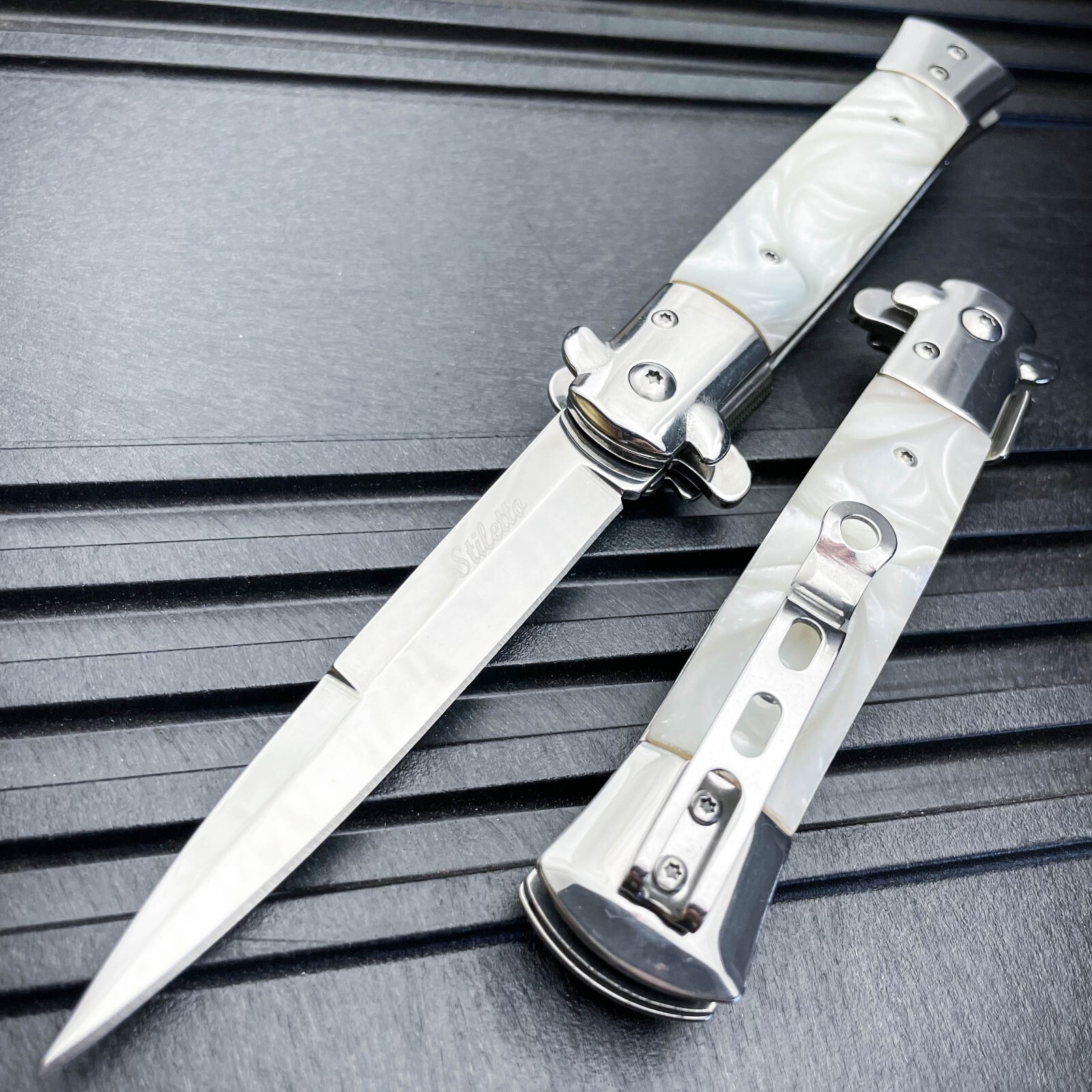 9″ Tactical Pearl Spring Assisted Open Blade Folding EDC Pocket Knife with Clip