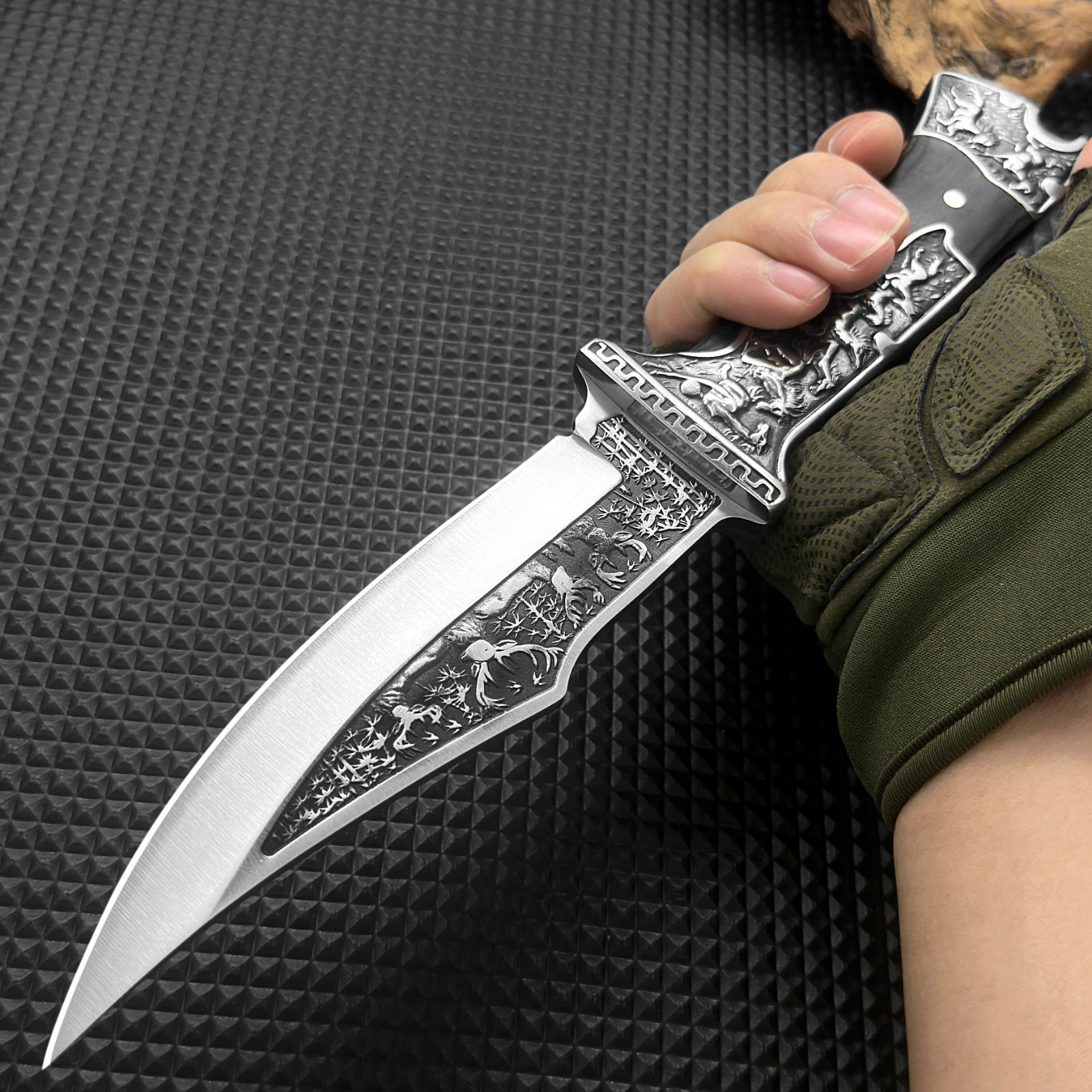 12Inch Fixed Blade Knife Comfort Grip Deer Embossed Design Nylon Sheath Included