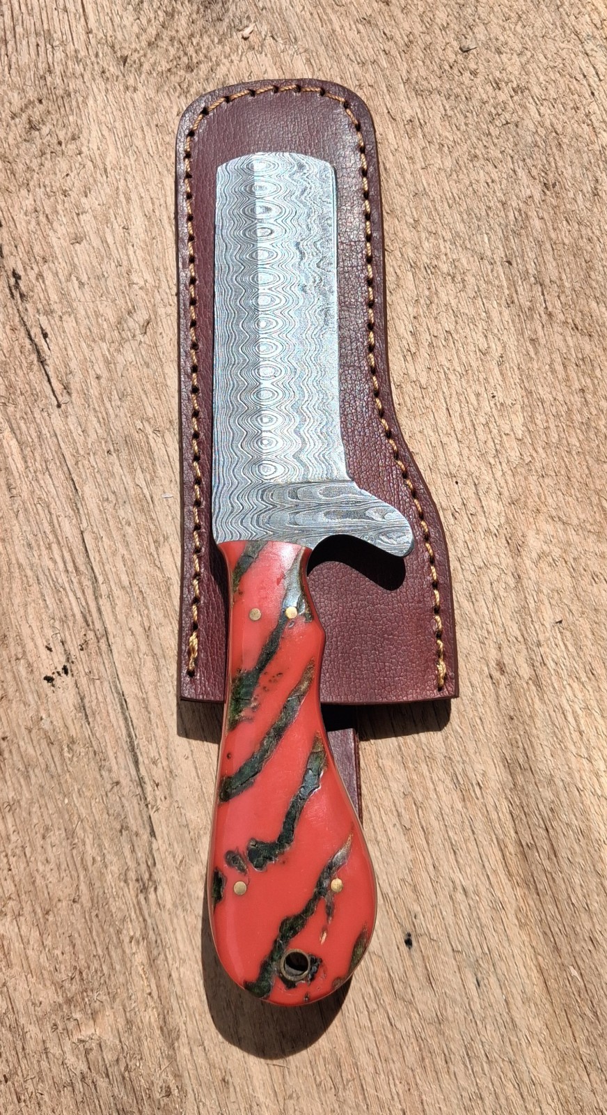 Cowboy Bull Cutter Raindrop Damascus Leather Sheath Fixed Blade Knife