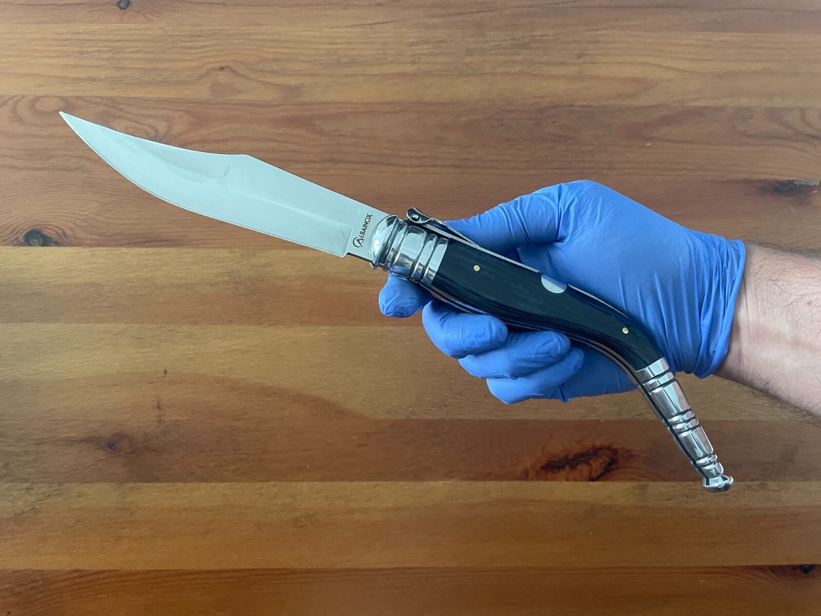 5.5″ Spanish Navaja Sevillana Pocket Knife Blue Stamina Wood Scales with Ratchet