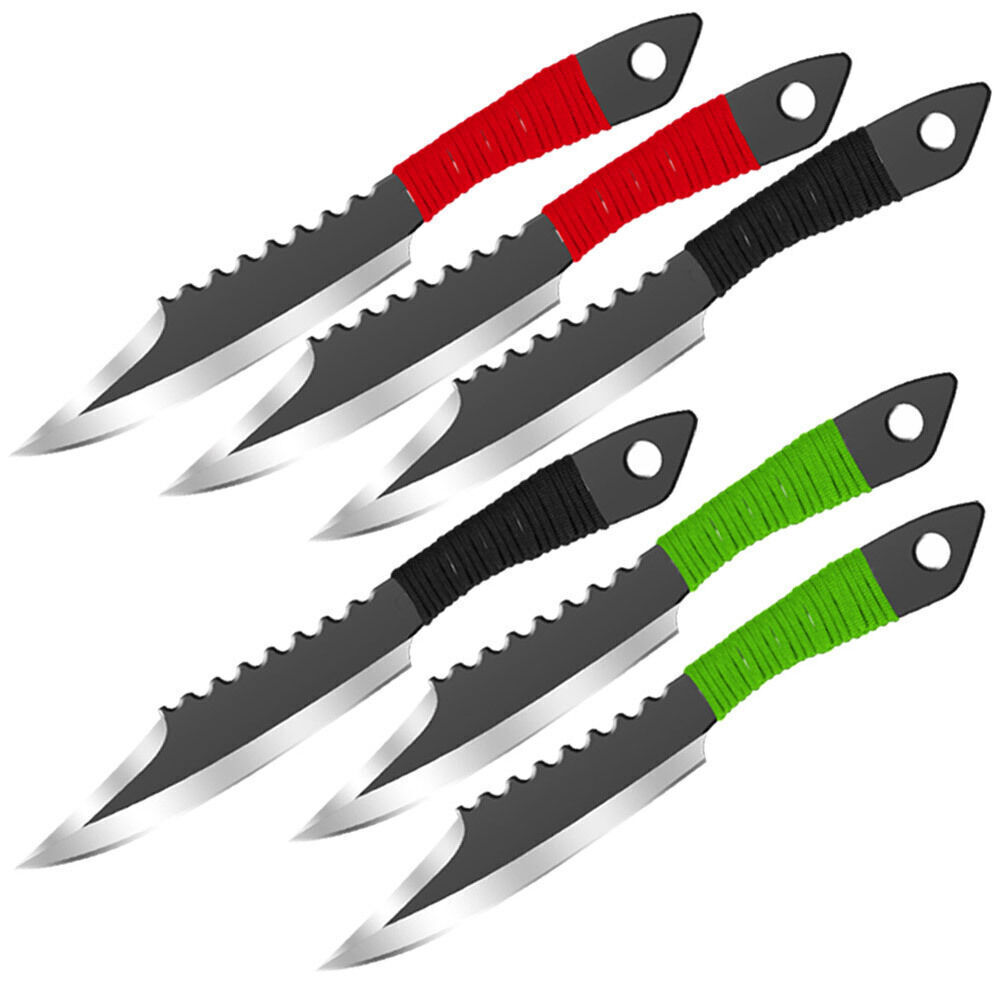 Lot of 6 Throwing Knives Drop Point 4 In Blade Cord Wrapped Handle + Free Sheath