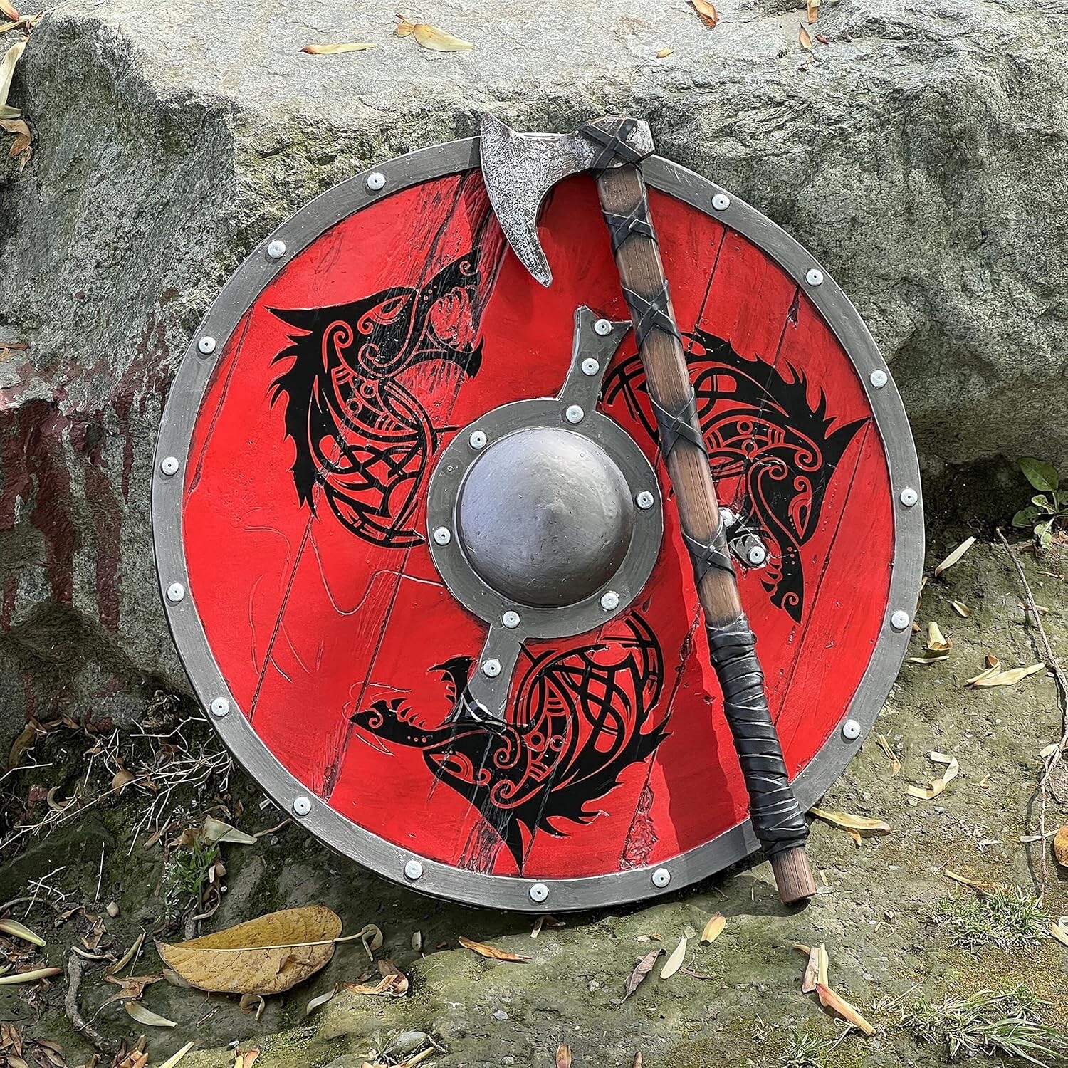 Red Warrior Carved Viking Shield: Handcrafted/Carved 24-Inch Wood and Metal