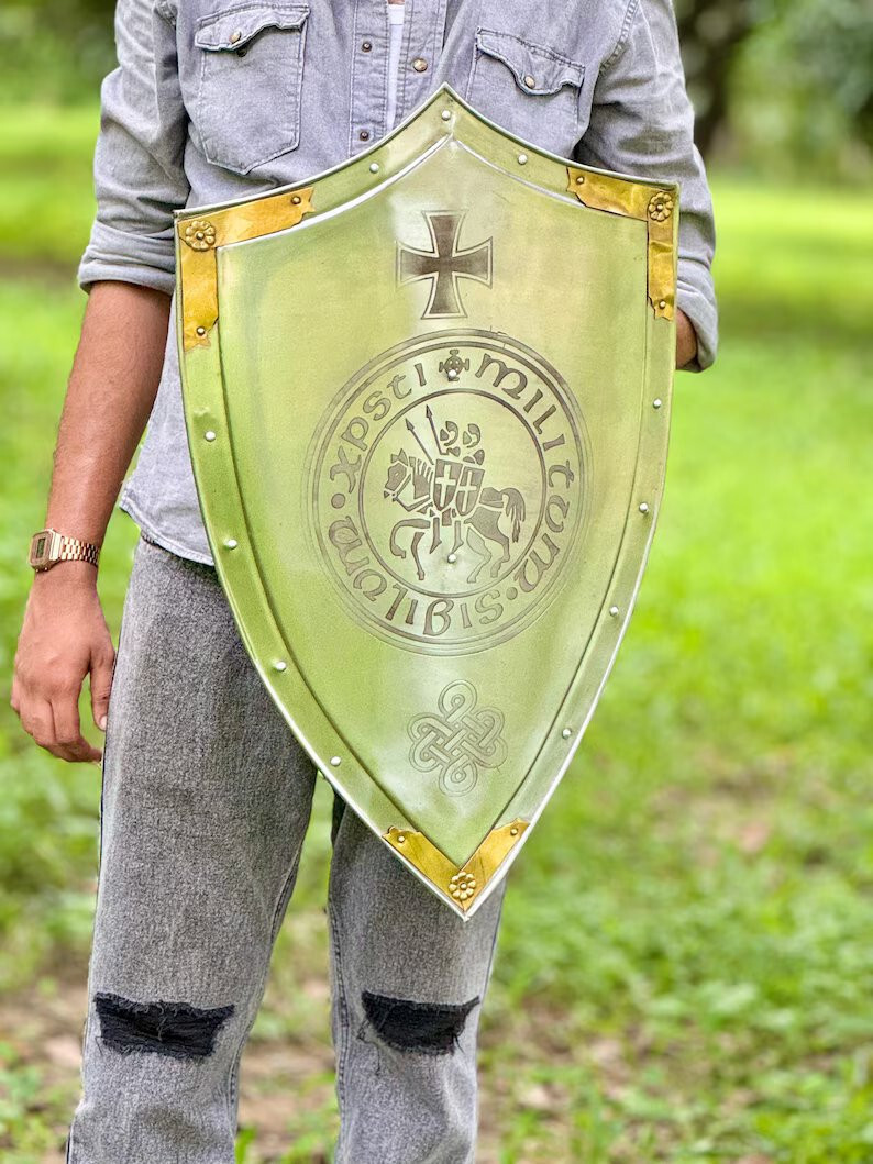 24» Templar Heater Shield a Knight’s Cross Design for LARP & Christmas Gift