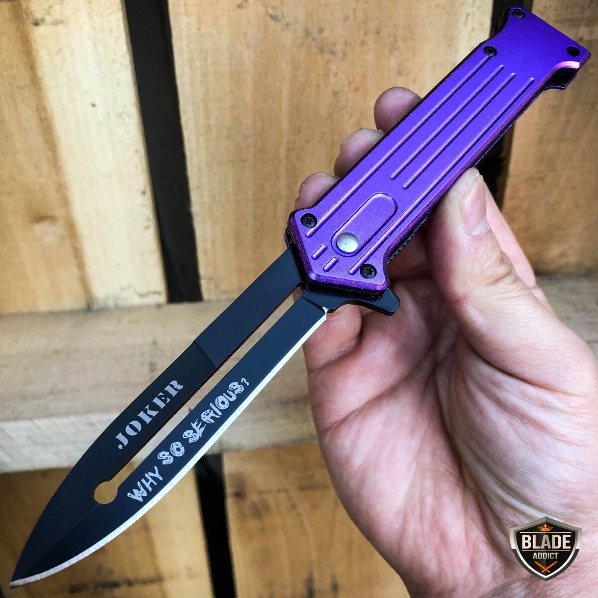 8″ JOKER Spring Assisted STILETTO Folding Pocket Knife Blade Batman Dark Knight