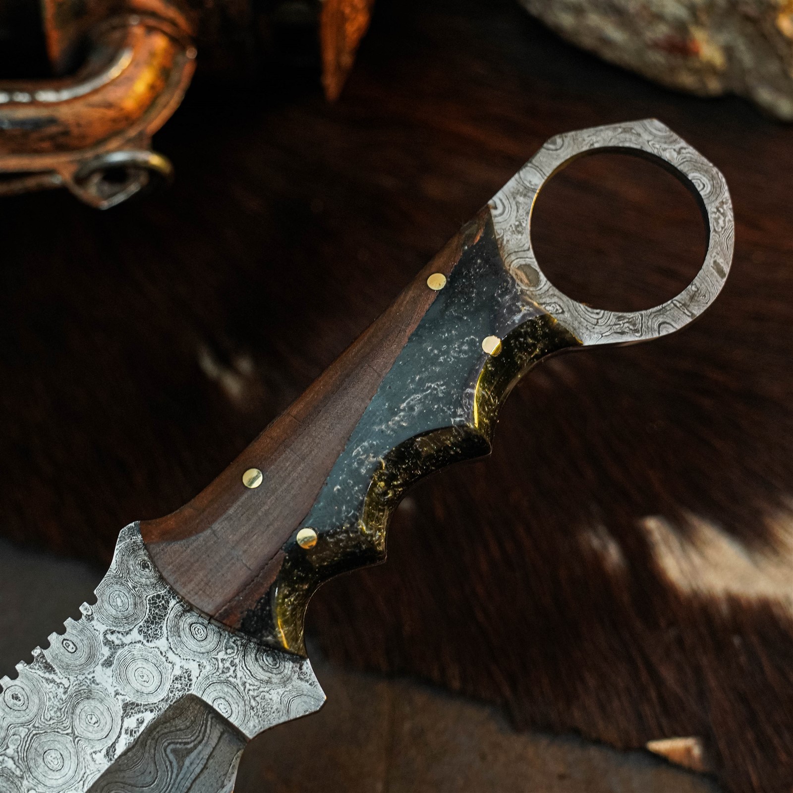 8.0″ Damascus Hunting Knife Full Tang Wood Handle Fix Blade + Sheath