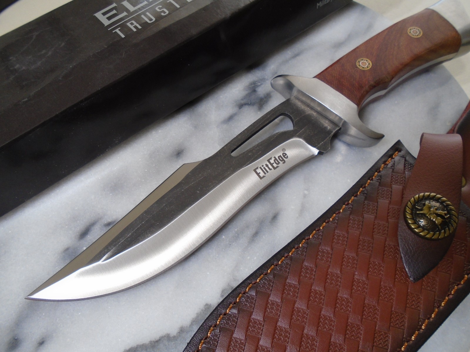 Elitedge Fancy Recurve Bowie Hunter Knife Full Tang 440C Fixed Blade Walnut Wood