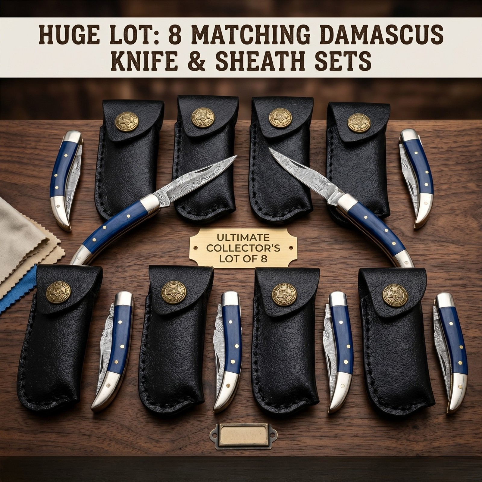 Damascus Pocket Knife Lot of 8 Blue Bone Handle Folding Knives w/Leather Sheath