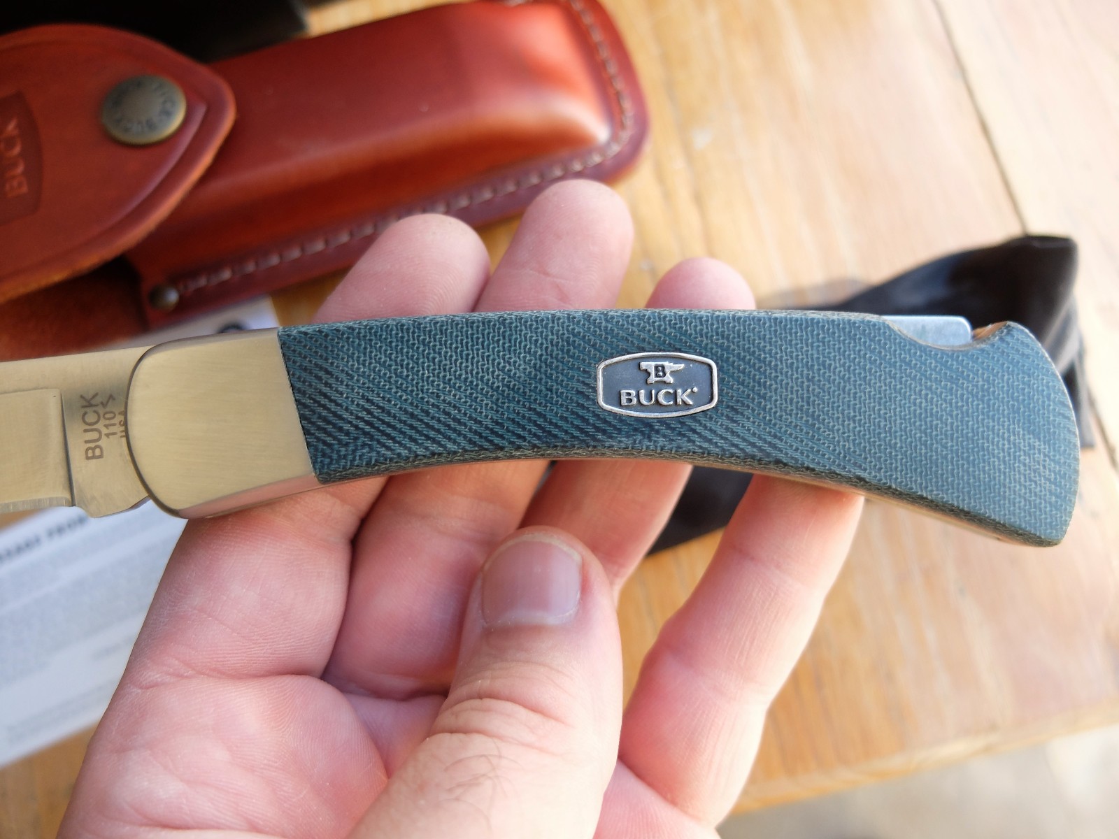 Buck 110 Bos Magnacut blade blue denim micarta folding hunter knife w COA BOTM