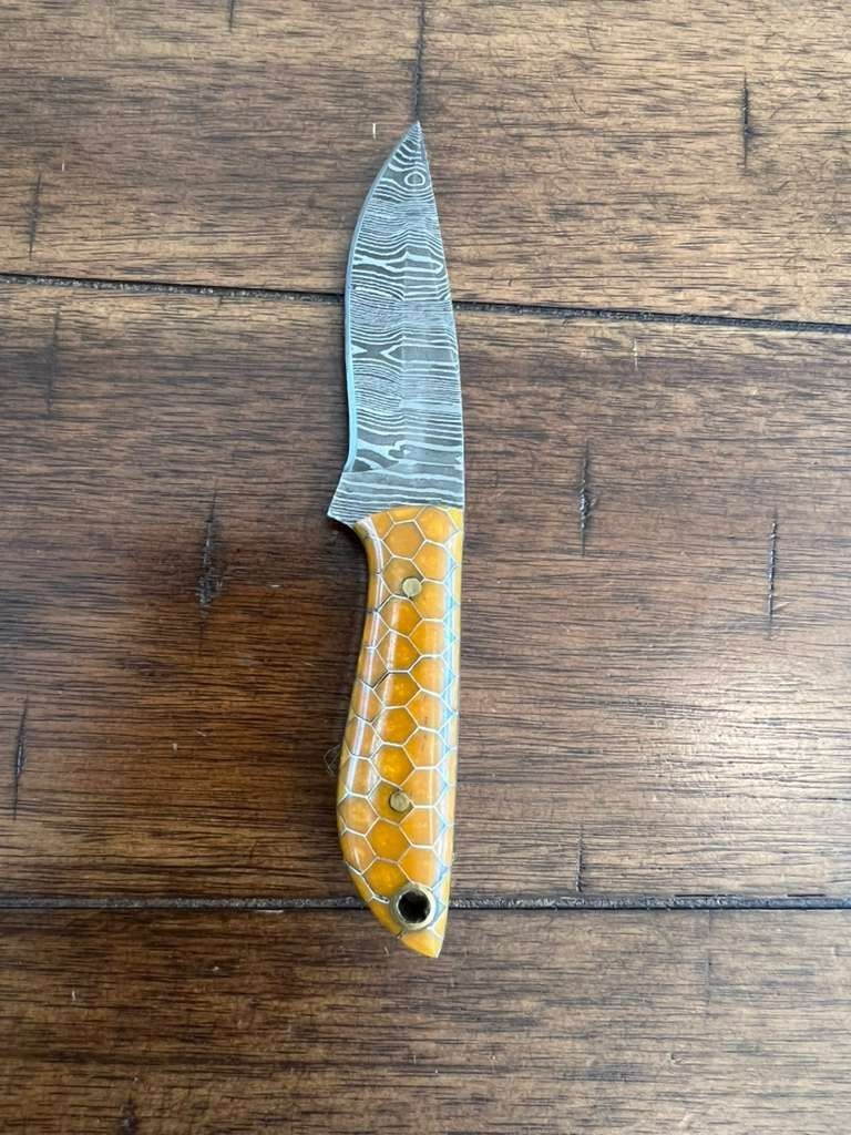 5.5″ CUSTOM EDC HANDMADE DAMASCUS NECK KNIFE W/ HONEYCOMB HANDLE & SHEATH 52.02