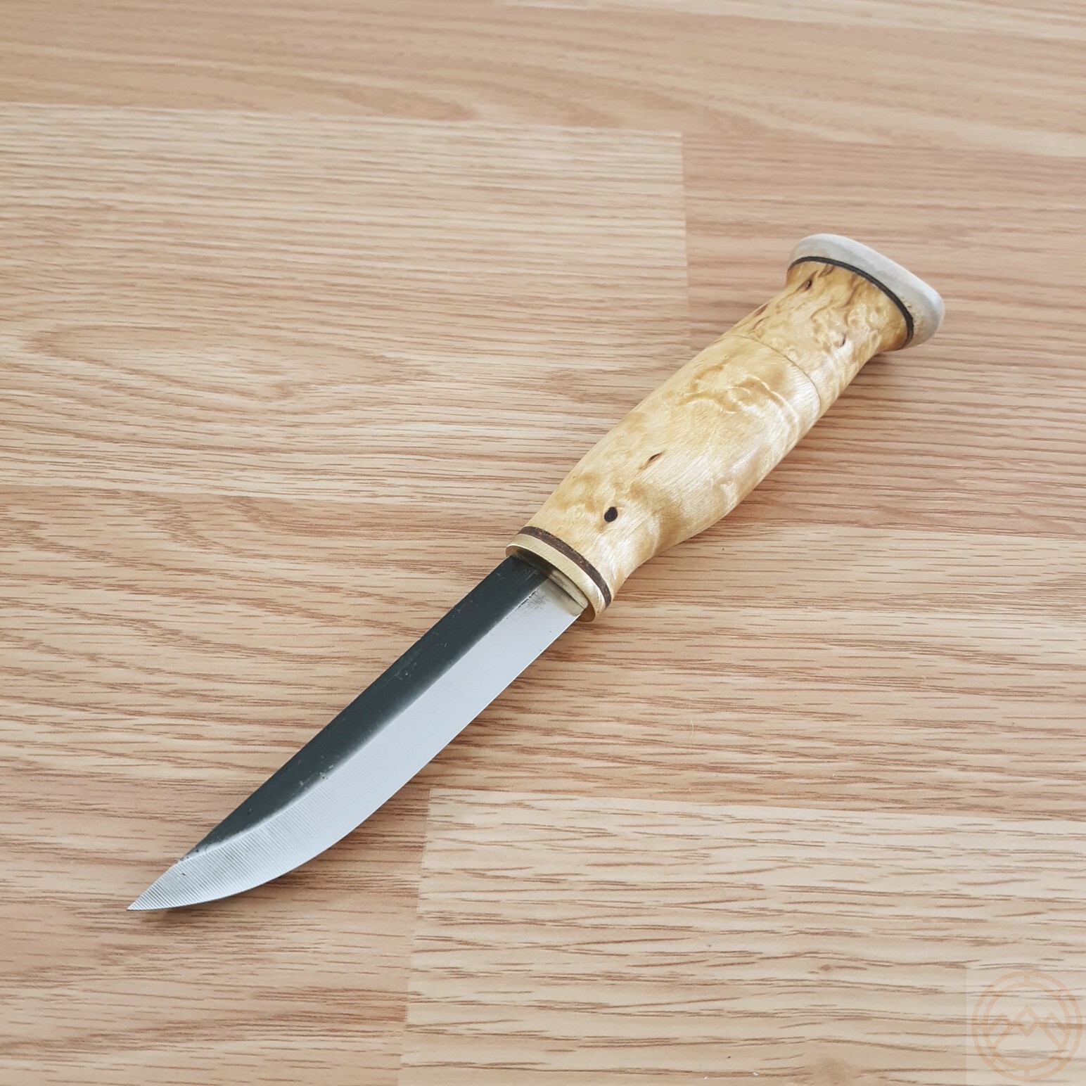 Wood Jewel Set Fixed Knife Carbon Steel Blade Curly Birch Handle w/Brown Sheath