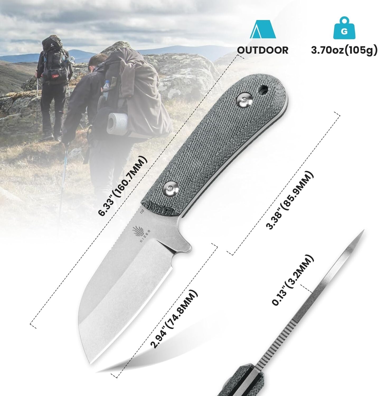 Kizer Knife Deckhand D2 Compact Fixed Blade G10+Micarta Handle 1062A1