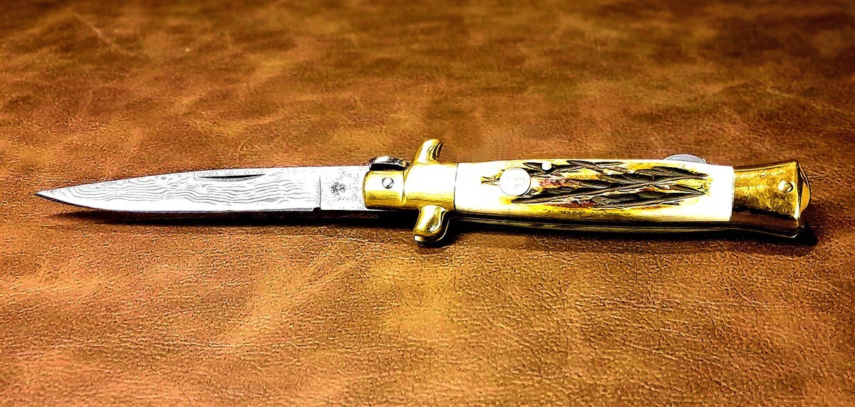 Kissing Crane Burnt Bone Real Damascus Stiletto Manual Folding Pocket Knife