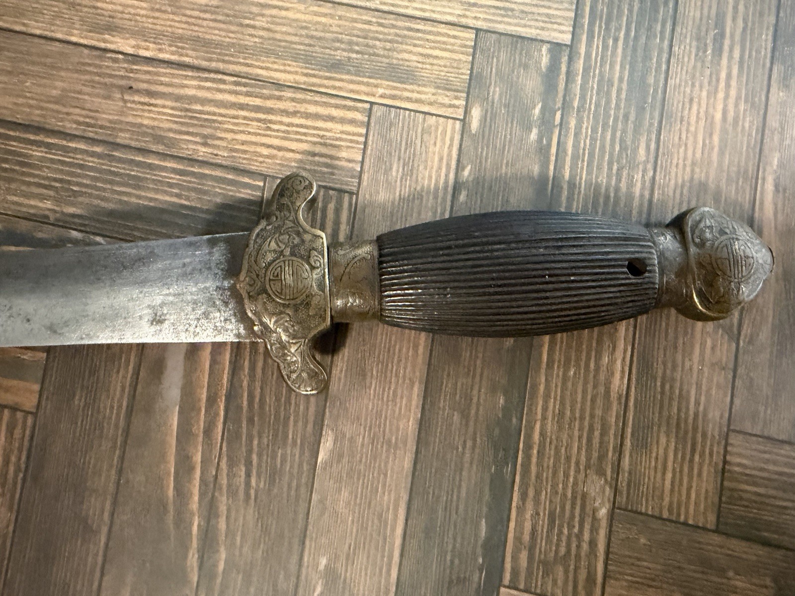 Antique Chinese Qing Era Jian Short Sword Fushou Brass Mounts 23.5in