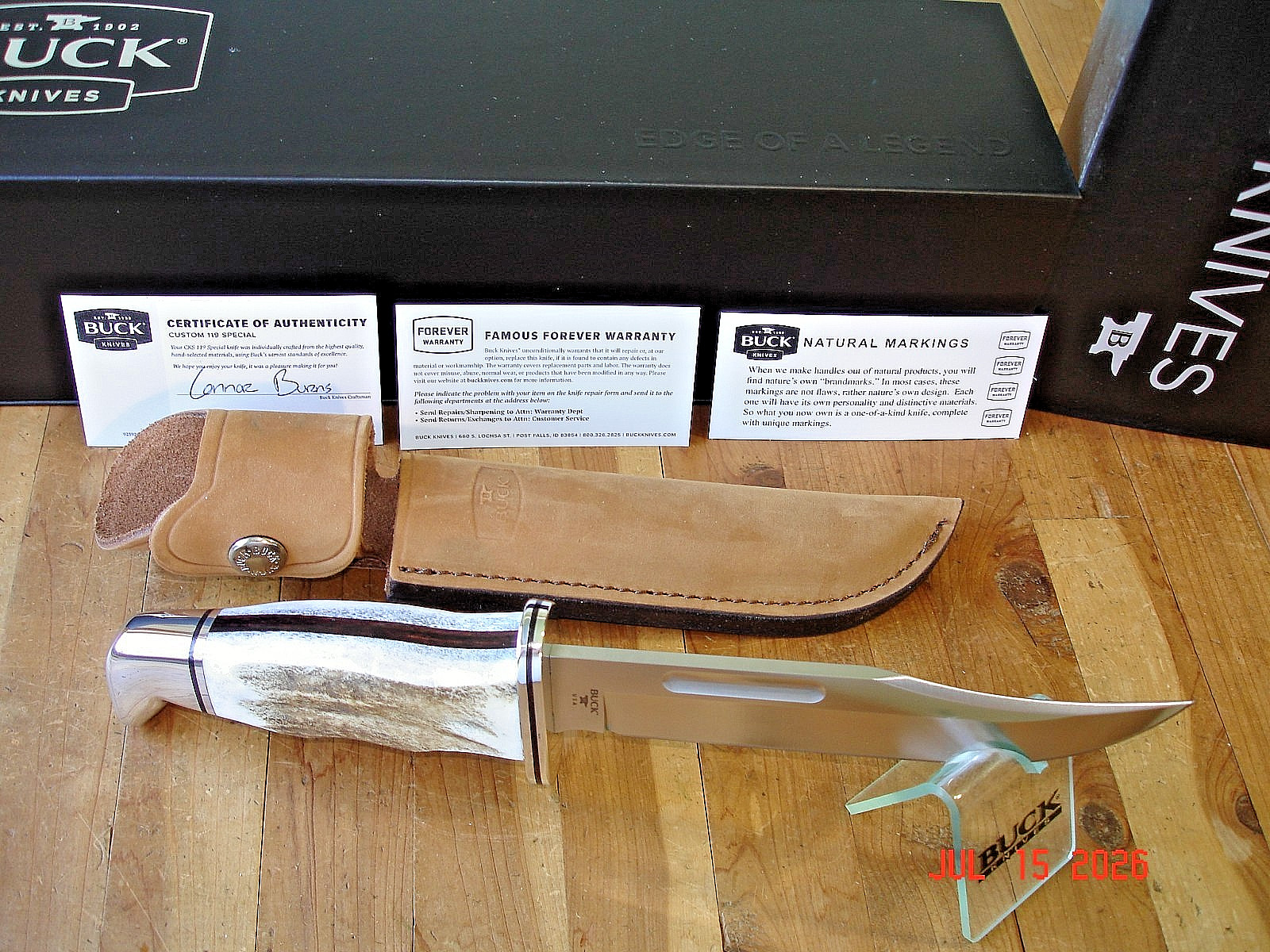 NIB BUCK KNIFE 119 CKS SPECIAL BOS MAGNACUT BLADE ELK ANTLER HANDLE BROWN SHEATH