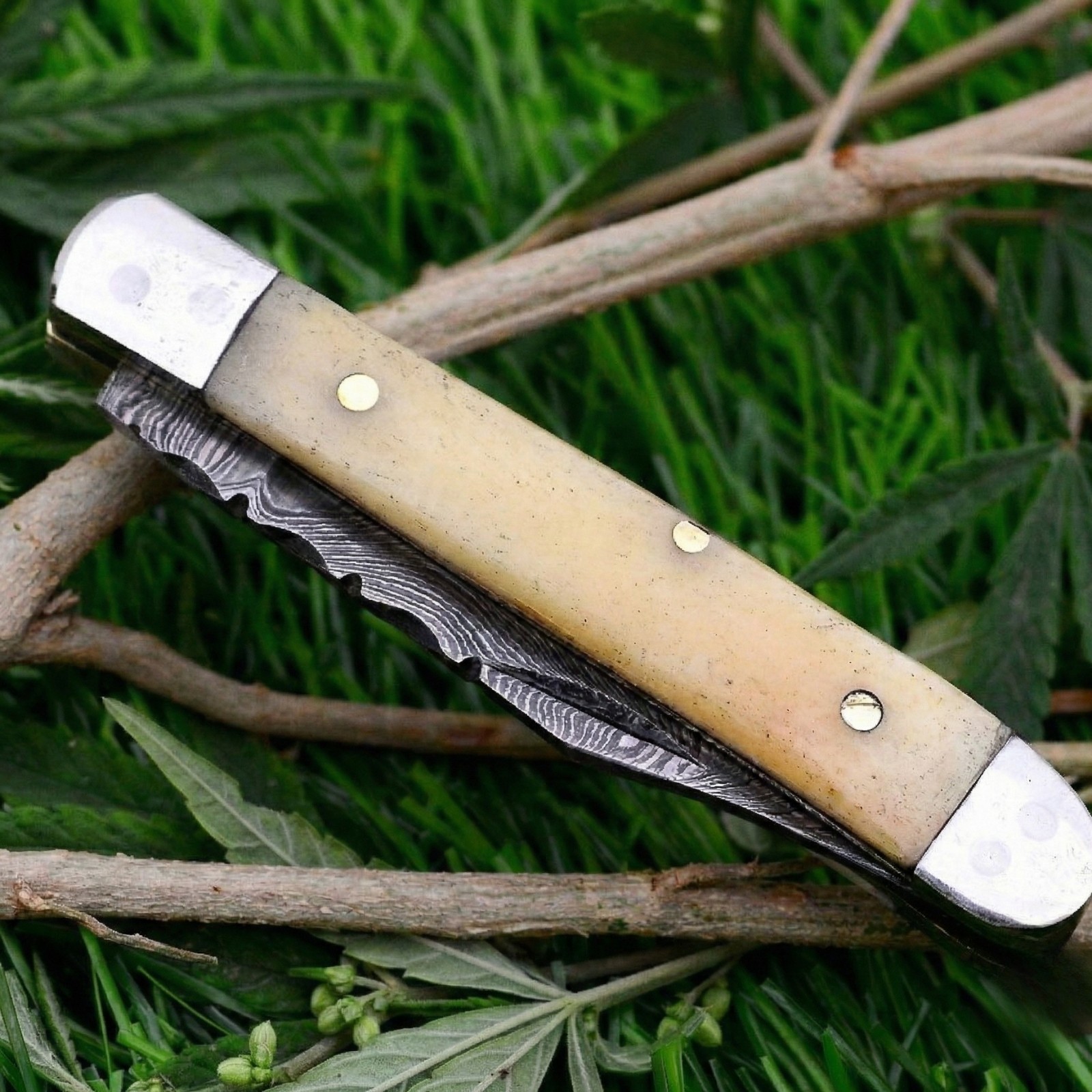 Hand Forged Damascus Steel Mini Trapper Knife Bone Handle EDC Tactical Survival