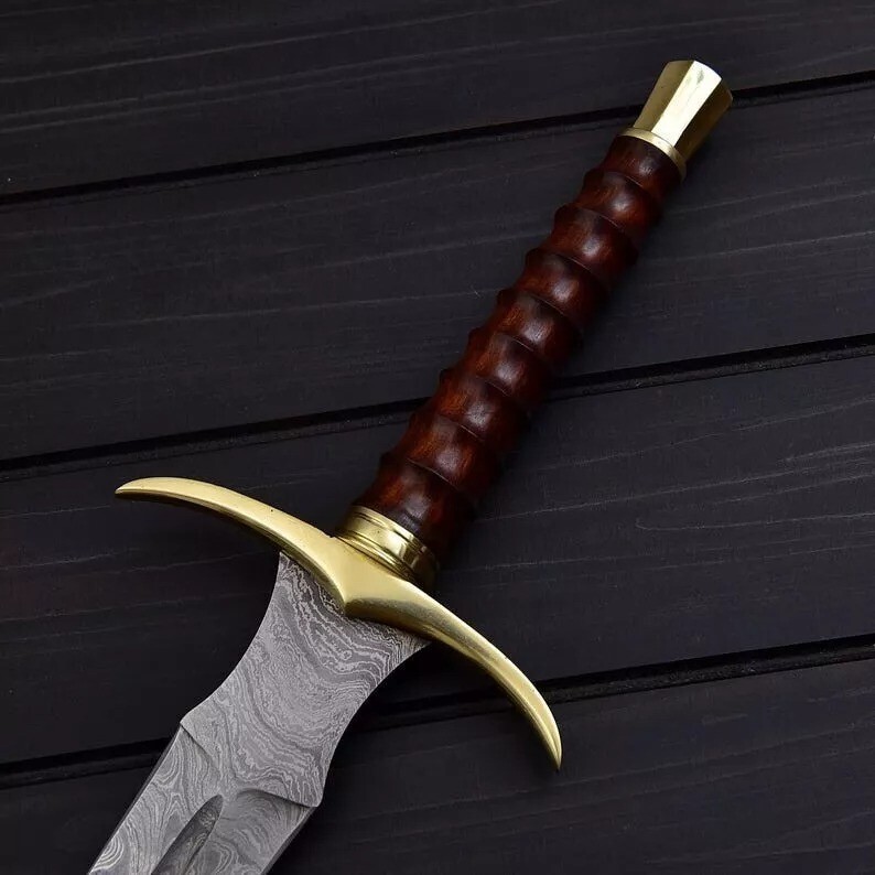 Custom Hand Made Damascus Steel Double Edge Sword With Leather Sheath Overall 32