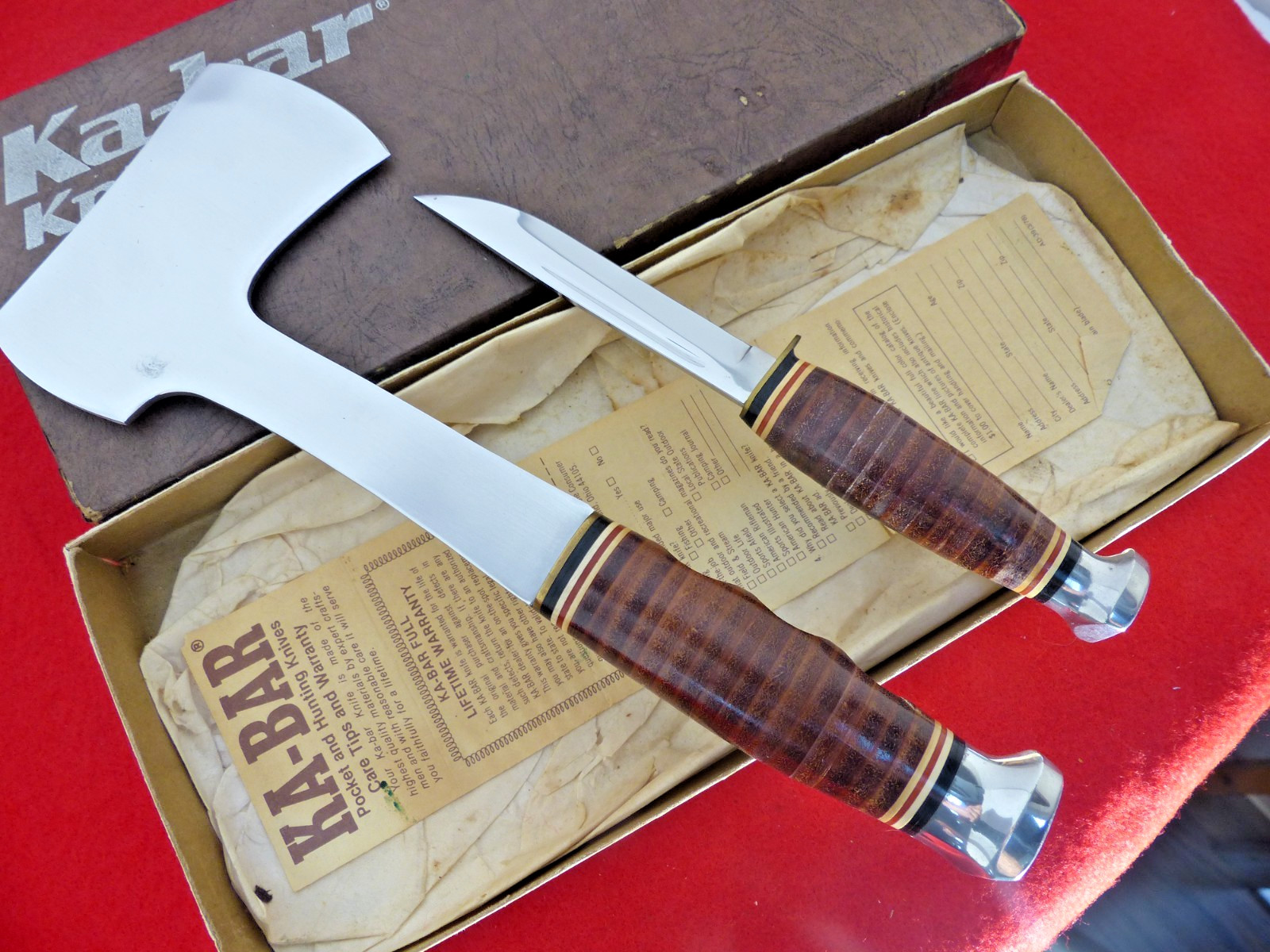 Vintage Kabar Ka-Bar leather hatchet axe ax & knife mint/box set FREE SHIPPING