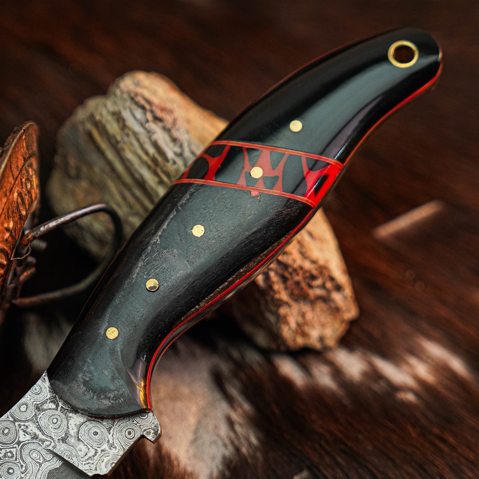 8.9″ Camping Bushcraft Damascus Knife Handmade Full Tang Horn Handle +Sheath