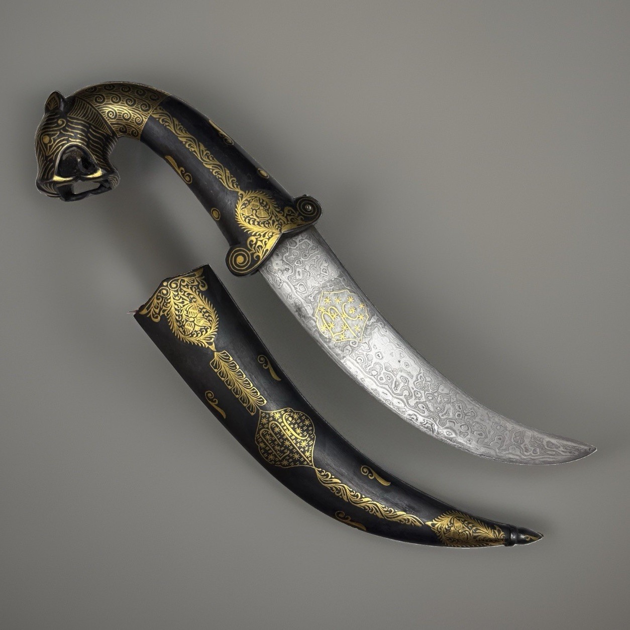 India Persian Khanjar Dagger Damascus Blade Gold Inlay Tiger Handle w Sheath