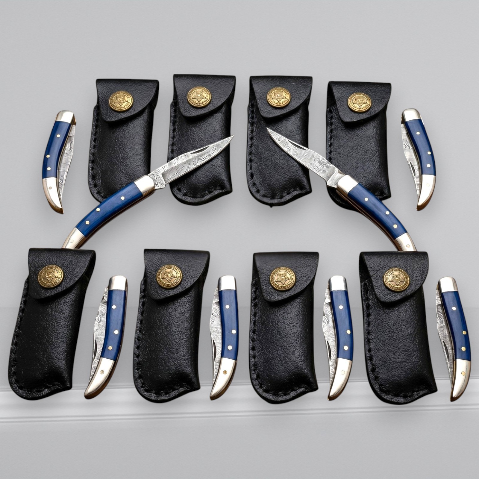 Damascus Pocket Knife Lot of 8 Blue Bone Handle Folding Knives w/Leather Sheath