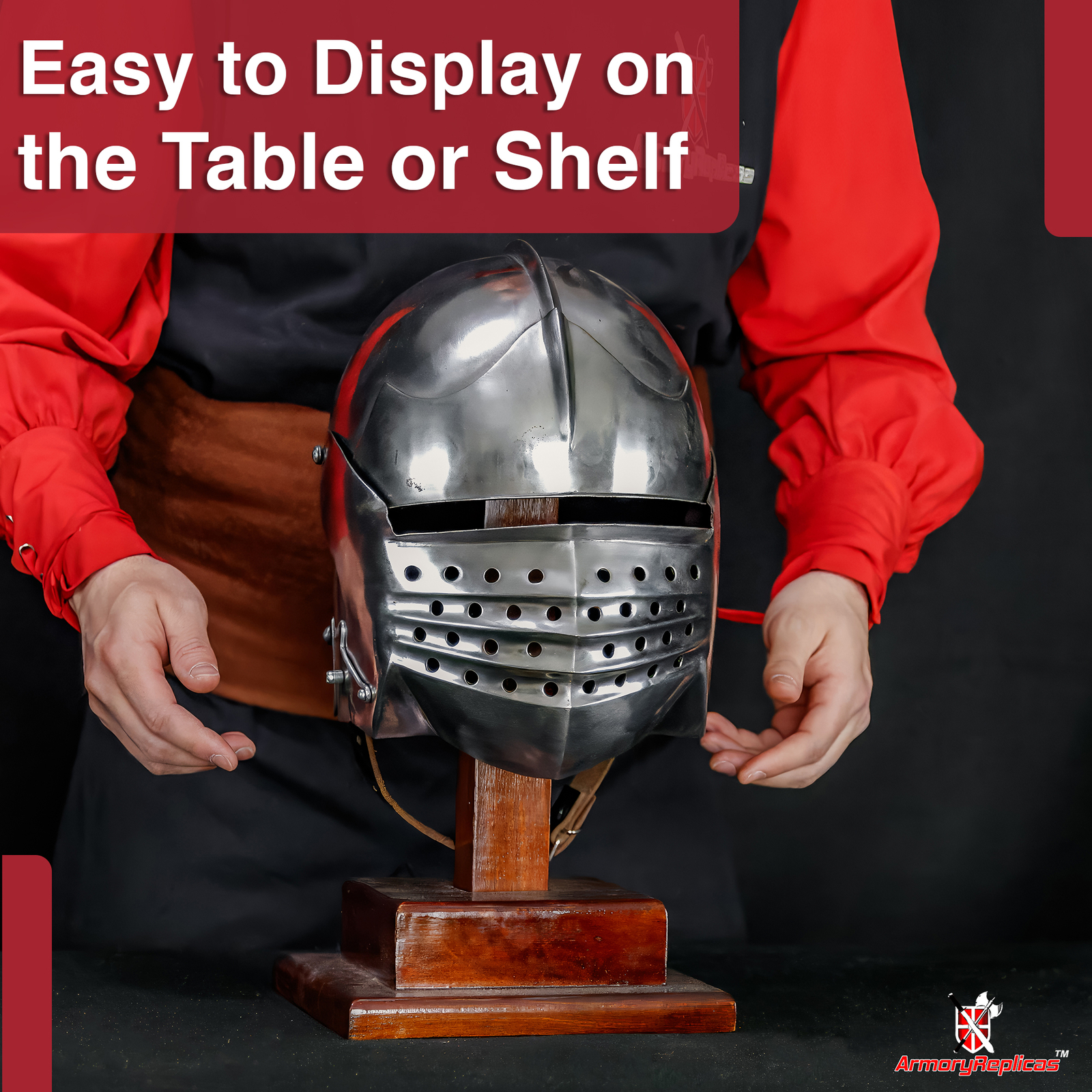 MANGO WOOD HELMET ARMOR STAND | HANDCRAFTED SQUARE BASE POLISHED WOOD DISPLAY