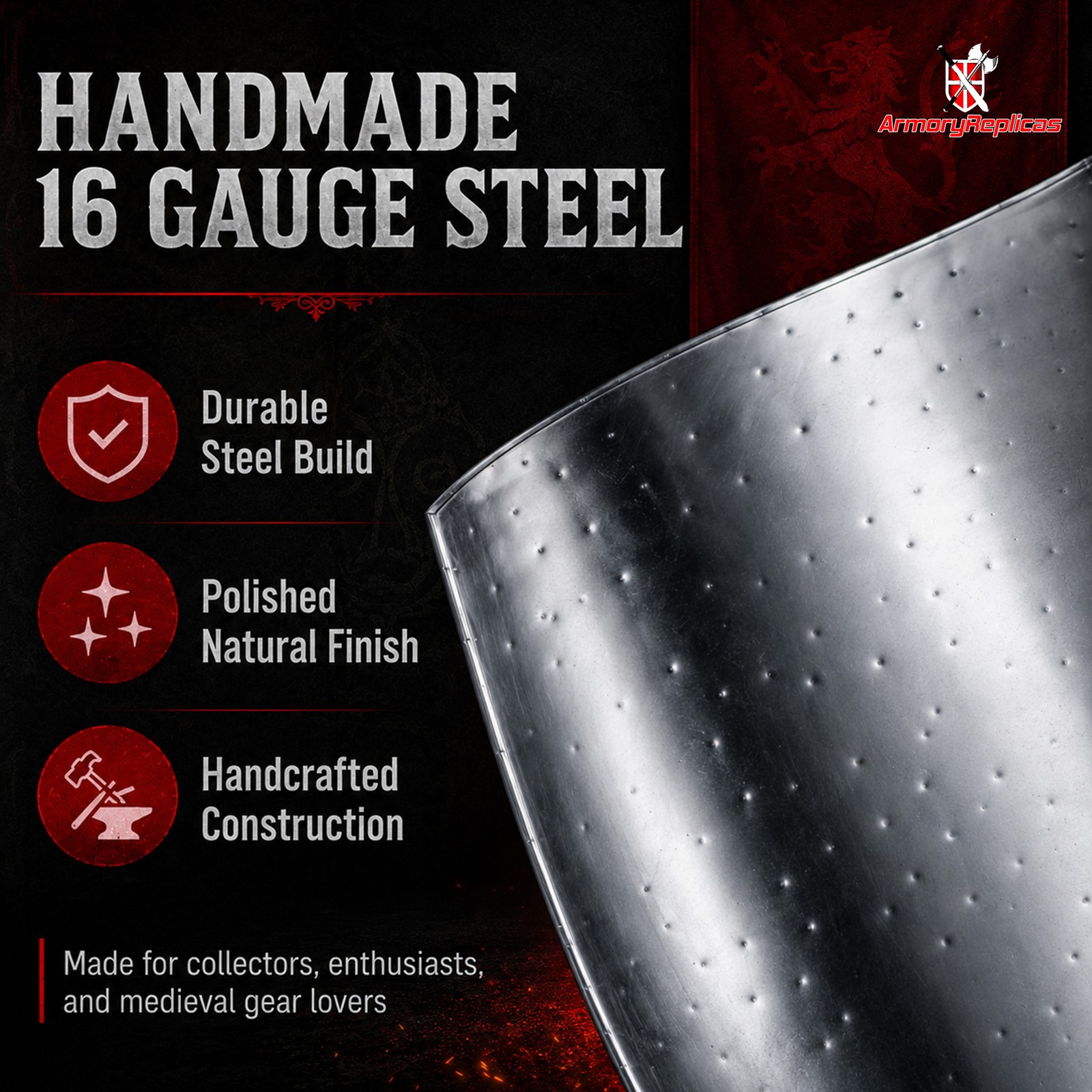 Handmade 16 Gauge Steel Medieval Heater Shield Reenactment Display Knight Shield